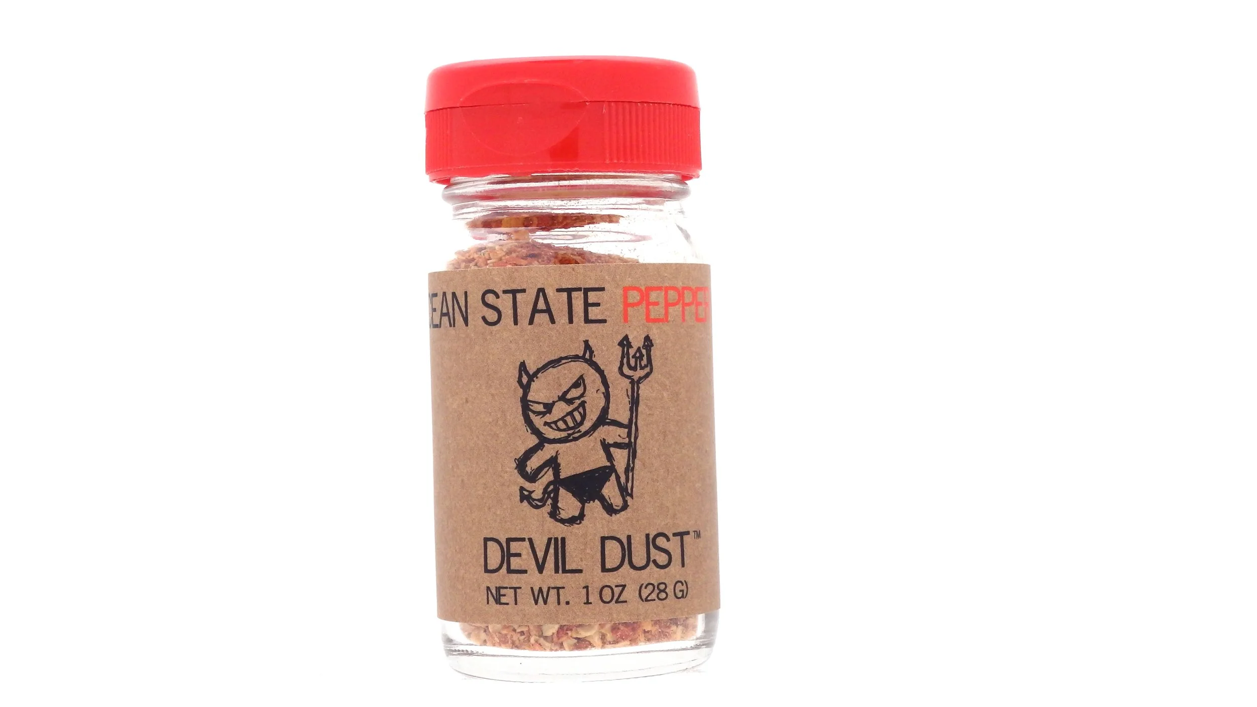 1-OZ glass bottle of Devil Dust 100% Organic Extremely Hot Chilies