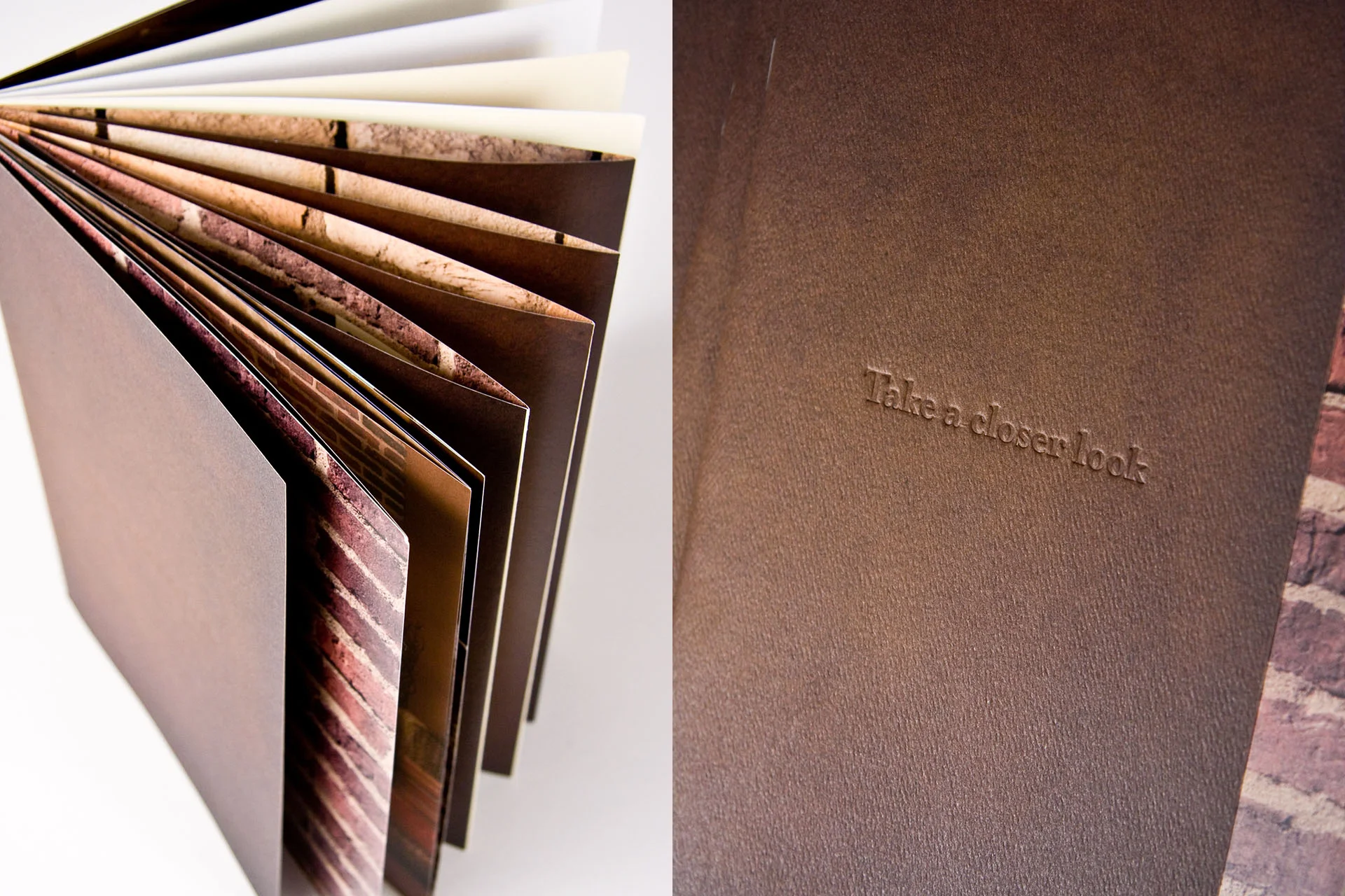 The brochure for Eldorado brick focused on a concept of taking a "closer look" to reveal the beautiful texture of the product.