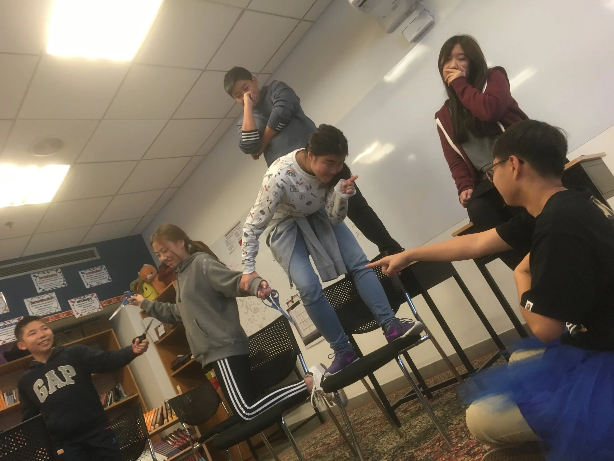 As a part of mapping the emotional wellbeing of certain key characters, students are asked to tableaux scenes to better understand dynamics of character differences as well as understanding directing elements such as non-verbal cues, director's notes, camera angles, sets, and framing 