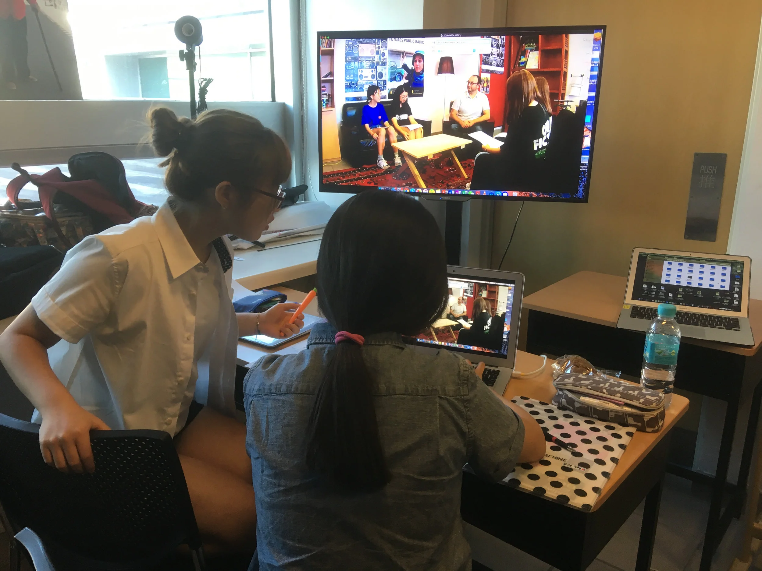 Ellie and Alicia develop their media literacy in the highly difficult storytelling skill of editing. Below: The final interview is successfully published and shared on the Futures Public Radio website. 