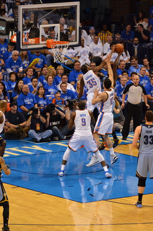 Kevin Durant blocks a shot Zach Randolph Monday night in Oklahoma City during Game 2. Photo by Torrey Purvey for InsideThunder.com