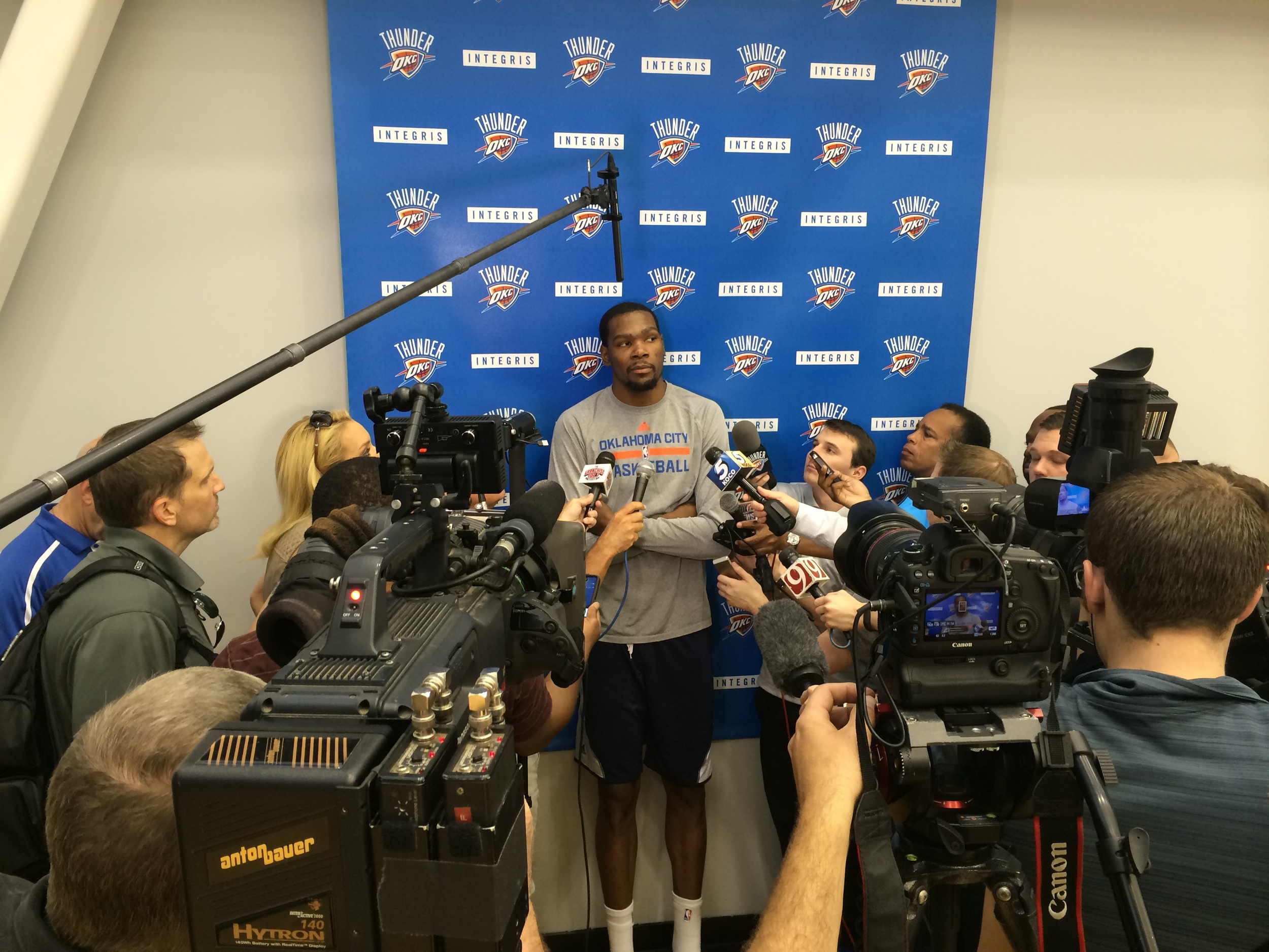 Kevin Durant meeting the media at the INTEGRIS Health Thunder Development Center after Friday's practice. Photo by Jeremy Griffin for InsideThunder.com