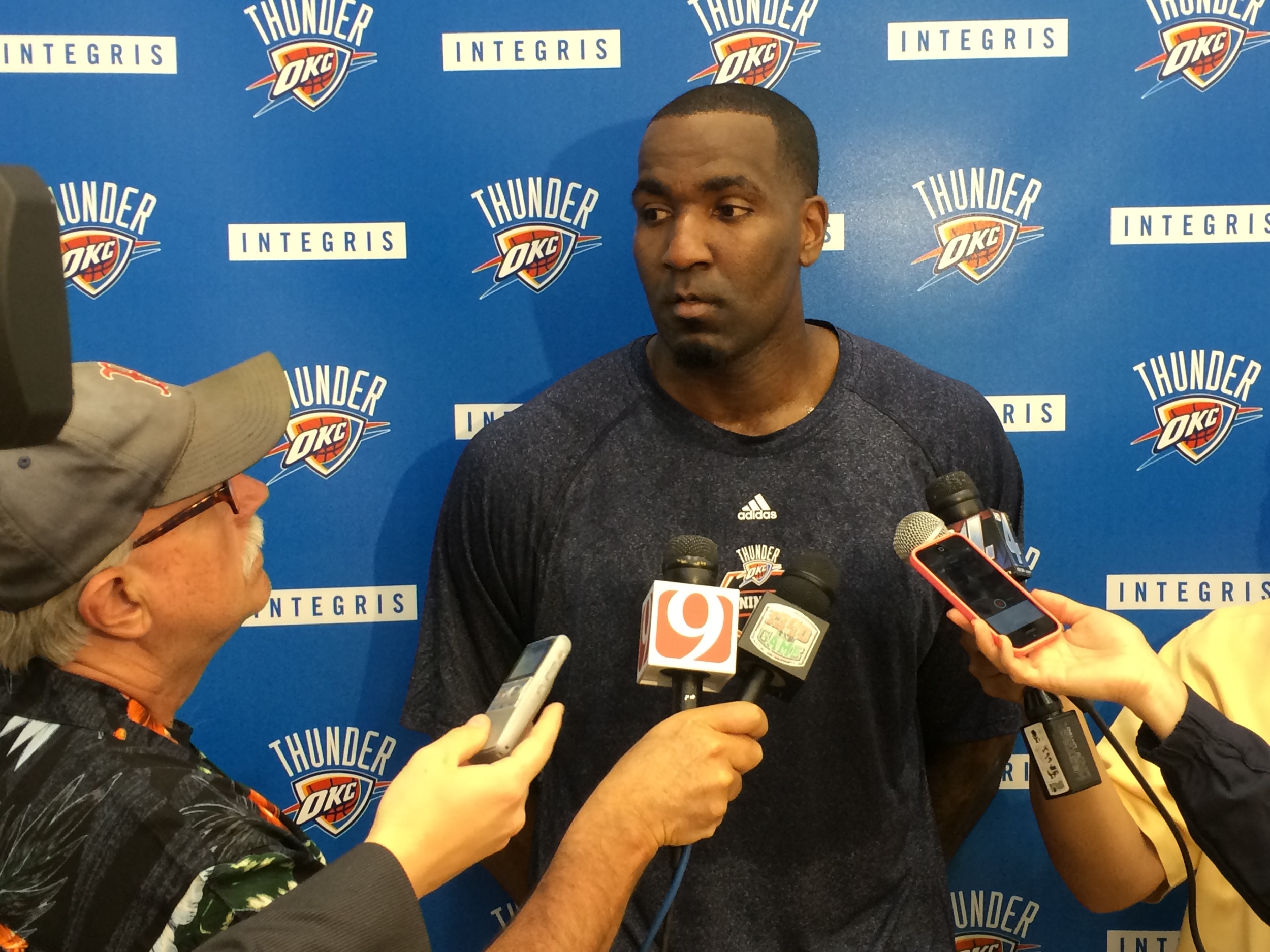 Thunder center Kendrick Perkins speaks to reporters after a recent practice. Photo by Jeremy Griffin for InsideThunder.com