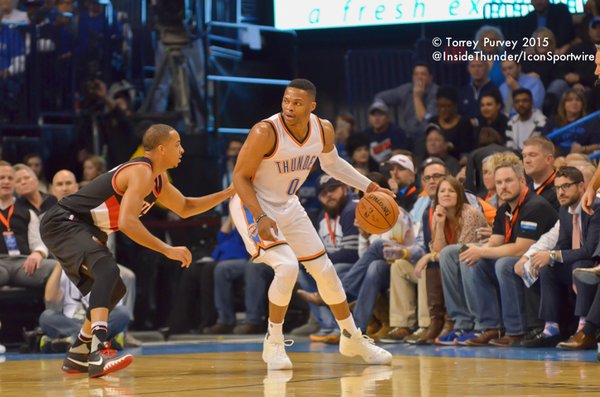 Russell Westbrook backs down defender. (Torrey Purvey/InsideThunder.com