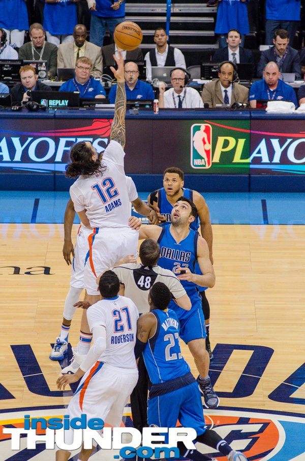Thunder forward Steven Adams (12) winning the opening tipoff. Photo: Torrey Purvey/ InsideThunder.com