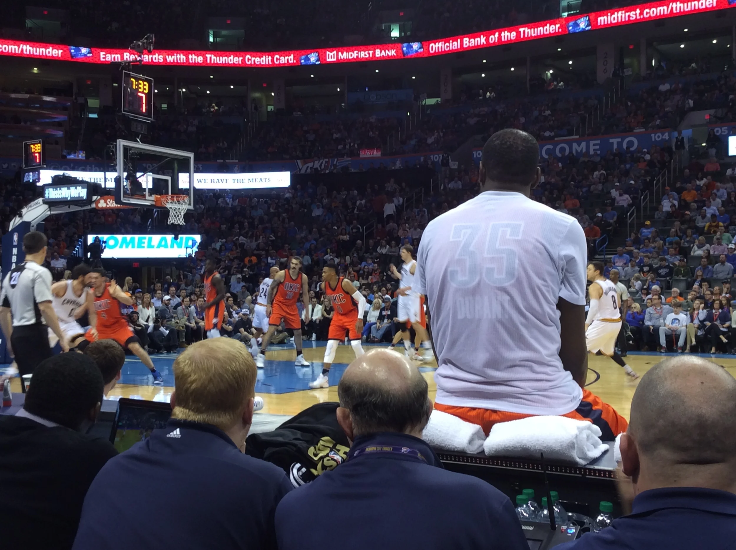 Kevin Durant waiting to go back on the floor against the Cavaliers on February 21st. (Photo by Randy Renner for InsideThunder.com)