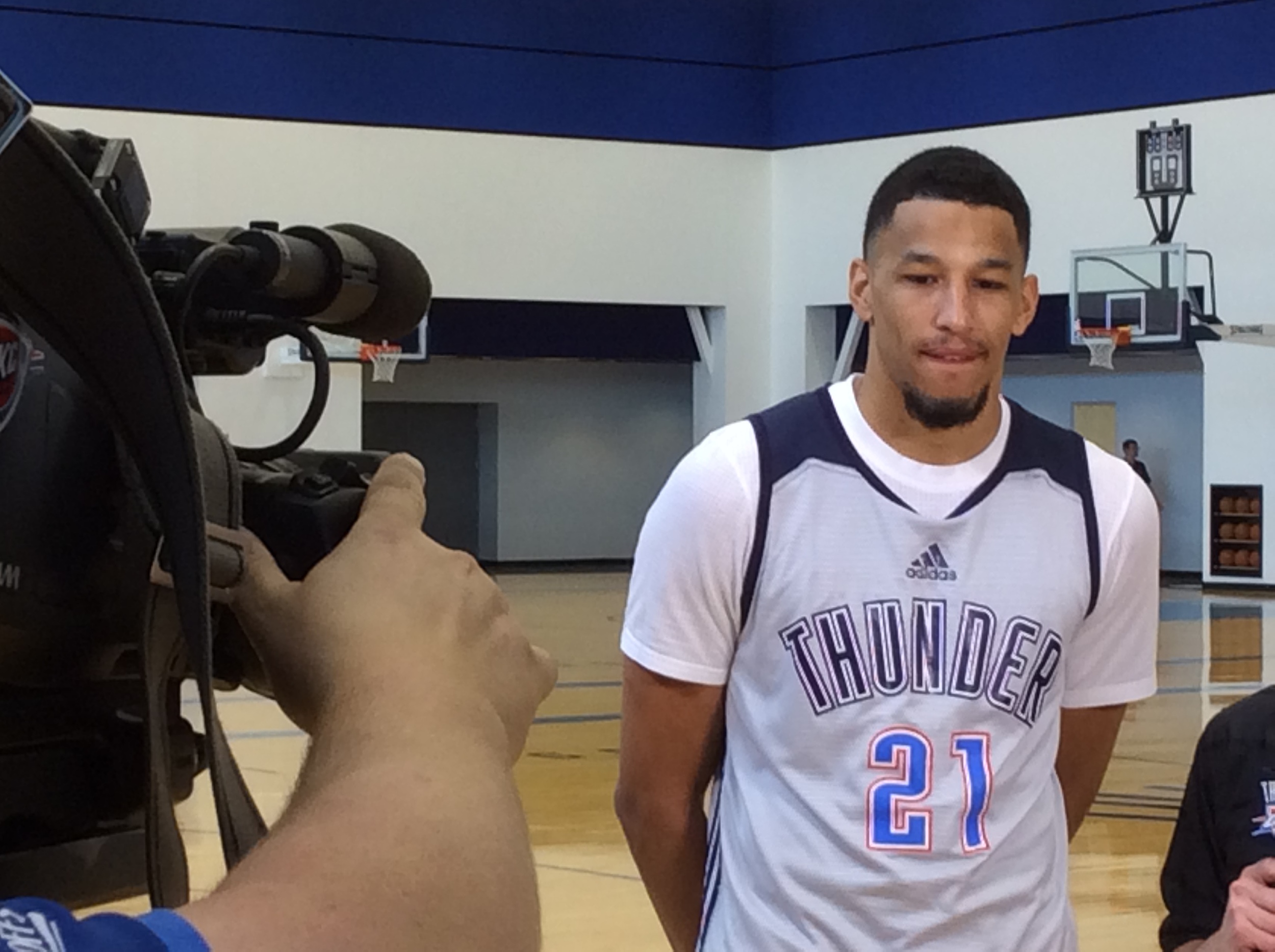Thunder guard Andre Roberson about to be interviewed after Friday's shootaround. Photo By Randy Renner/InsideThunder.com
