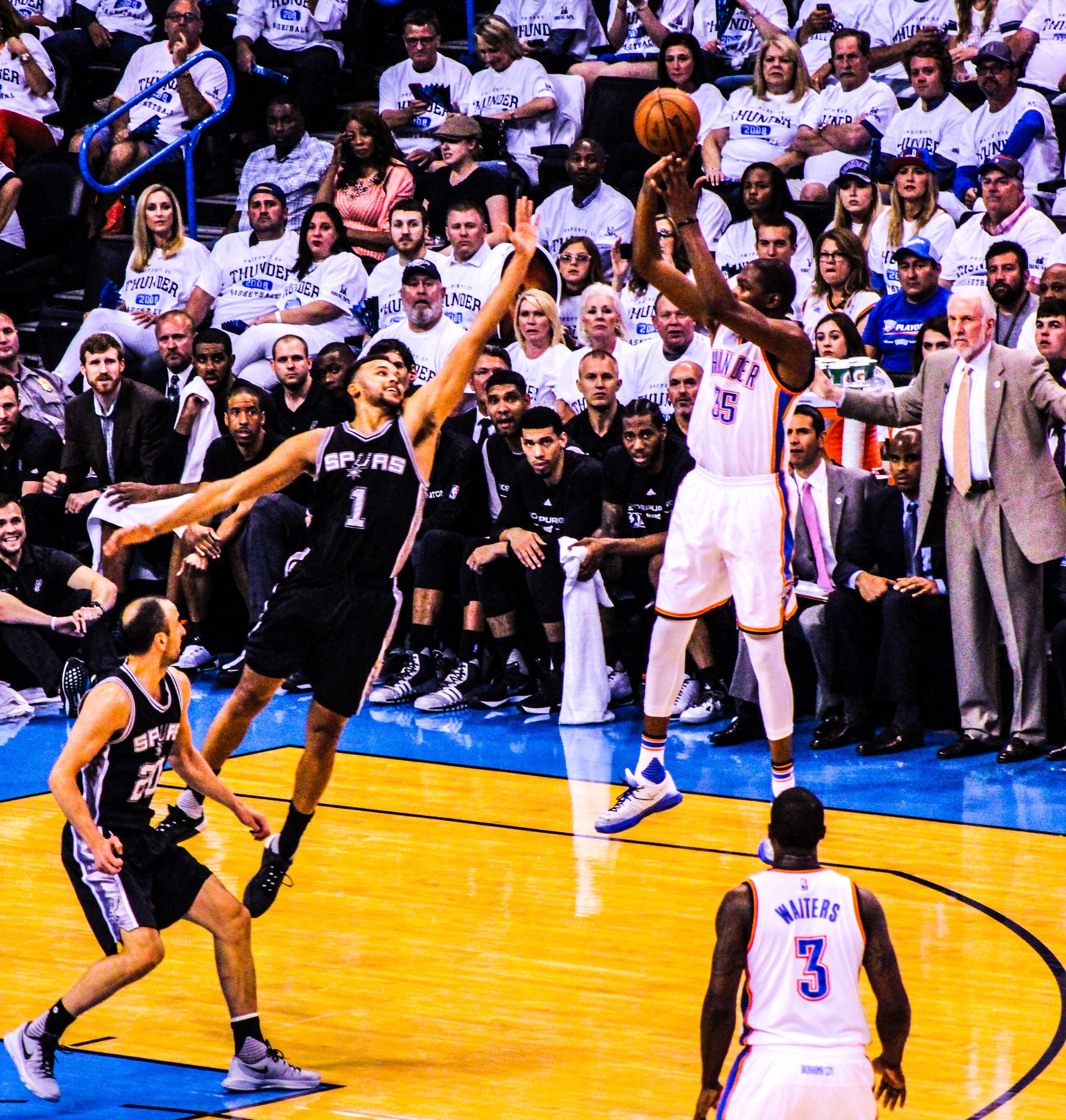 Kevin Durant fires up a shot Spurs forward Kyle Anderson during the Thunder's 111-97 win on Sunday night. (Photo By Sam Murch/InsideThunder.com) 