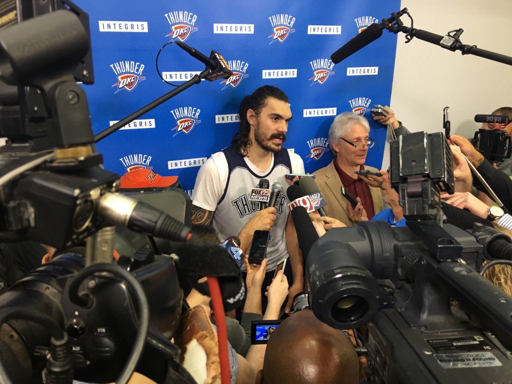 Thunder center Steven Adams speaks with the media on Monday at the INTEGRIS Health Thunder Development Center (Photo By Sam Gannon, KOKH-TV)