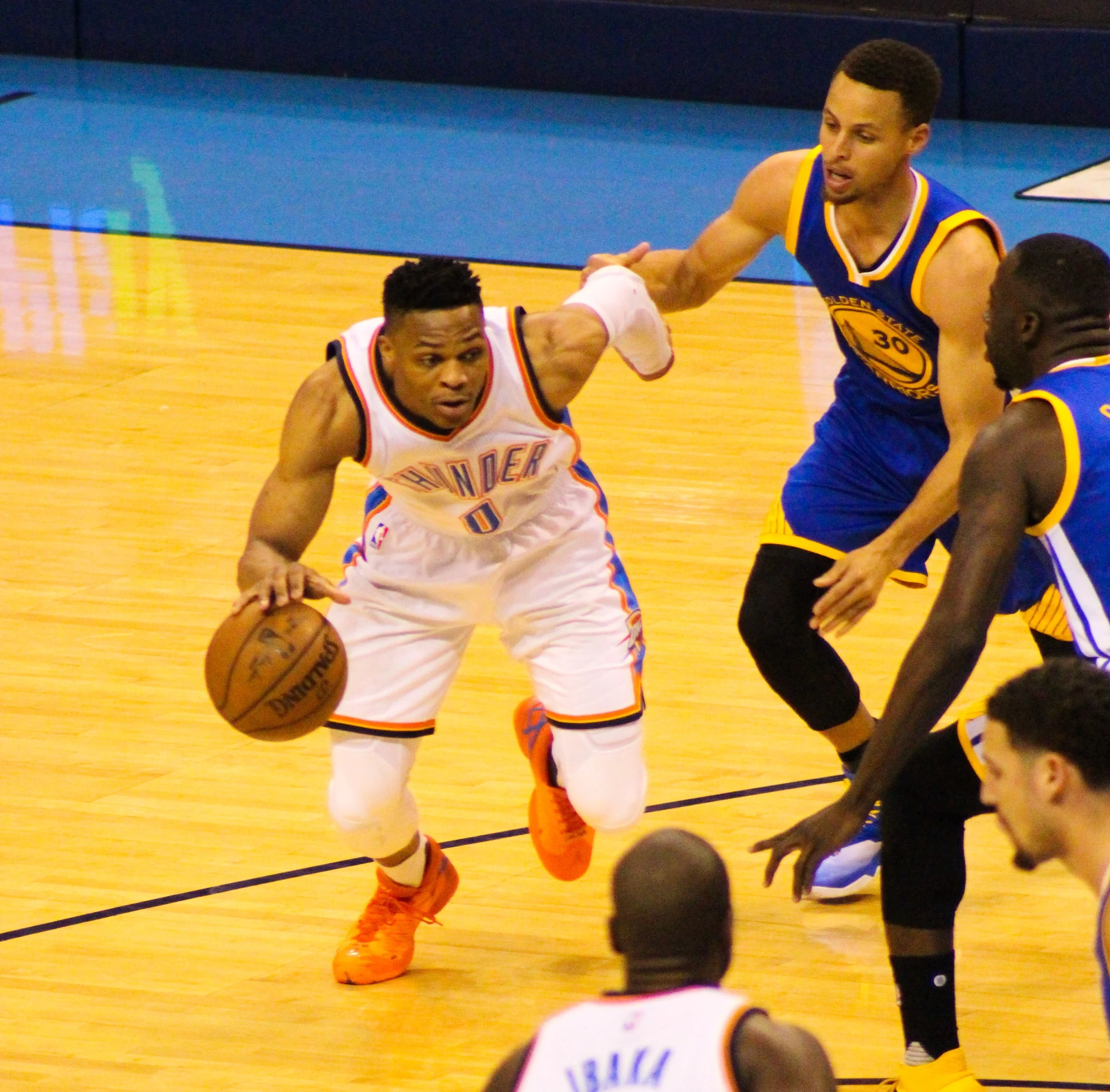 Russell Westbrook drives around Steph Curry during OKC's 118-94 win over Golden State in Game 4 of the Western Conference Finals. (Photo By: Sam Murch/InsideThunder.com)