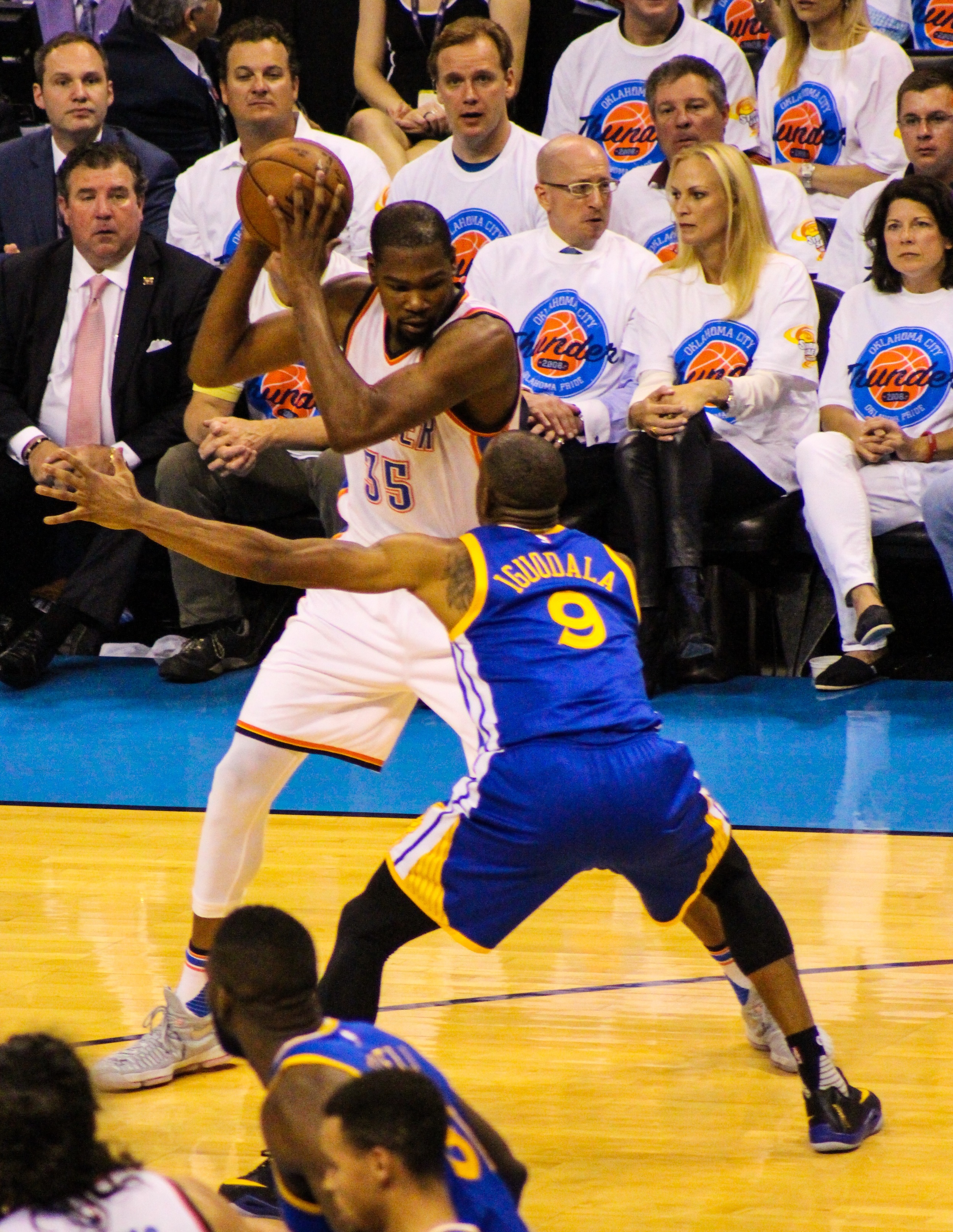 Thunder forward Kevin Durant holds the ball away from Golden State's Andre Iguodala during Game 4 of the Western Conference Finals at Chesapeake Energy Arena in Oklahoma City. (Photo By Sam Murch/InsideThunder.com)