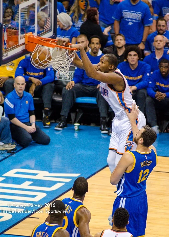 Kevin Durant over Warriors center Andrew Bogut during Game 6 of the Western Conference Finals. Photo By Torrey Purvery/InsideThunder.com