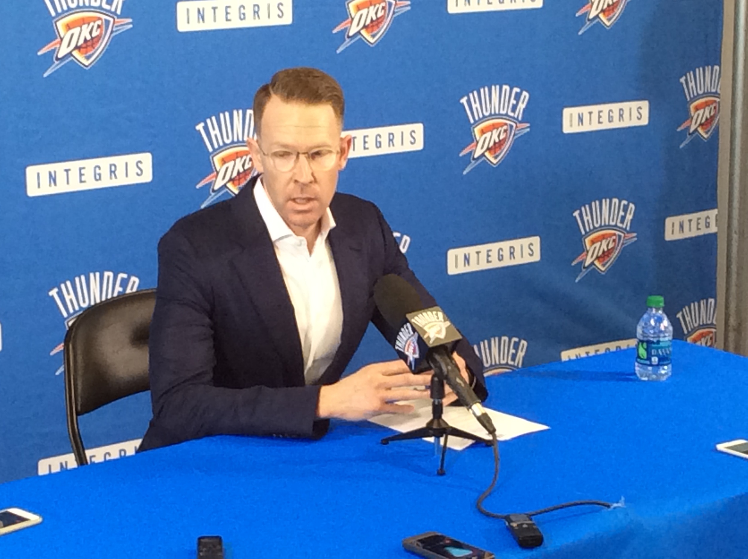 OKC Thunder Vice President & General Manager Sam Presti speaking to reporters at the INTEGRIS Health Thunder Development Center on Monday morning. (Photo By Randy Renner/InsideThunder.com)