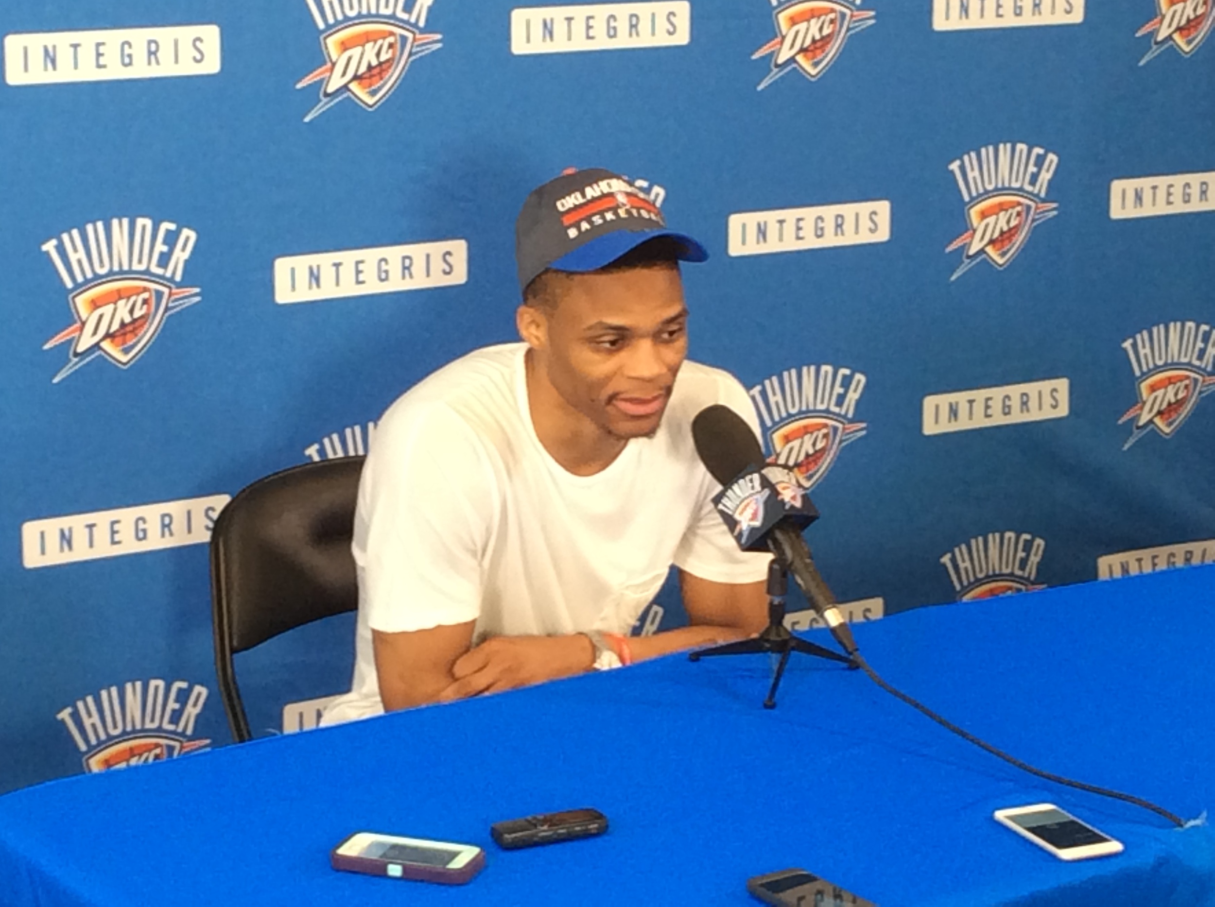 Thunder point guard Russell Westbrook speaks to the media last week during the team's exit interviews at the INTEGRIS Health Thunder Development Center. (Photo By Randy Renner/InsideThunder.com