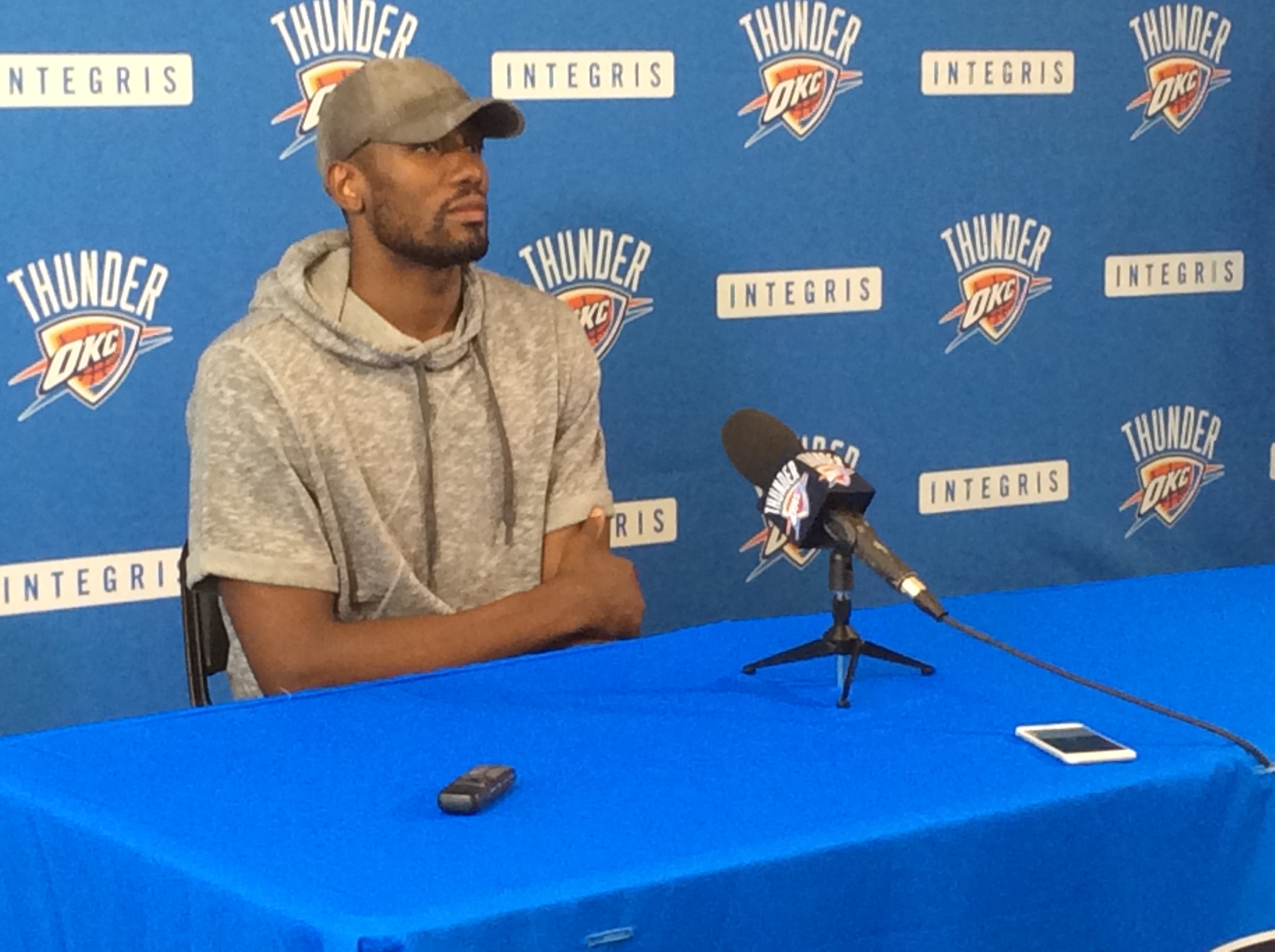 Serge Ibaka listening to a reporter's question during Thunder exit interviews earlier this month. (Photo By Randy Renner/InsideThunder.com)