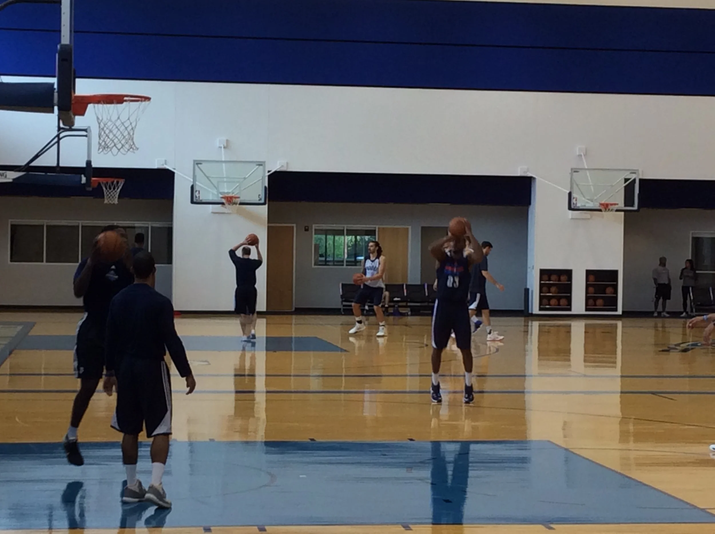 Thunder center Steven Adams (white jersey) participates in drills during practice Monday at the INTEGRIS Thunder Development Center. (Photo By: Randy Renner/InsideThunder.com)