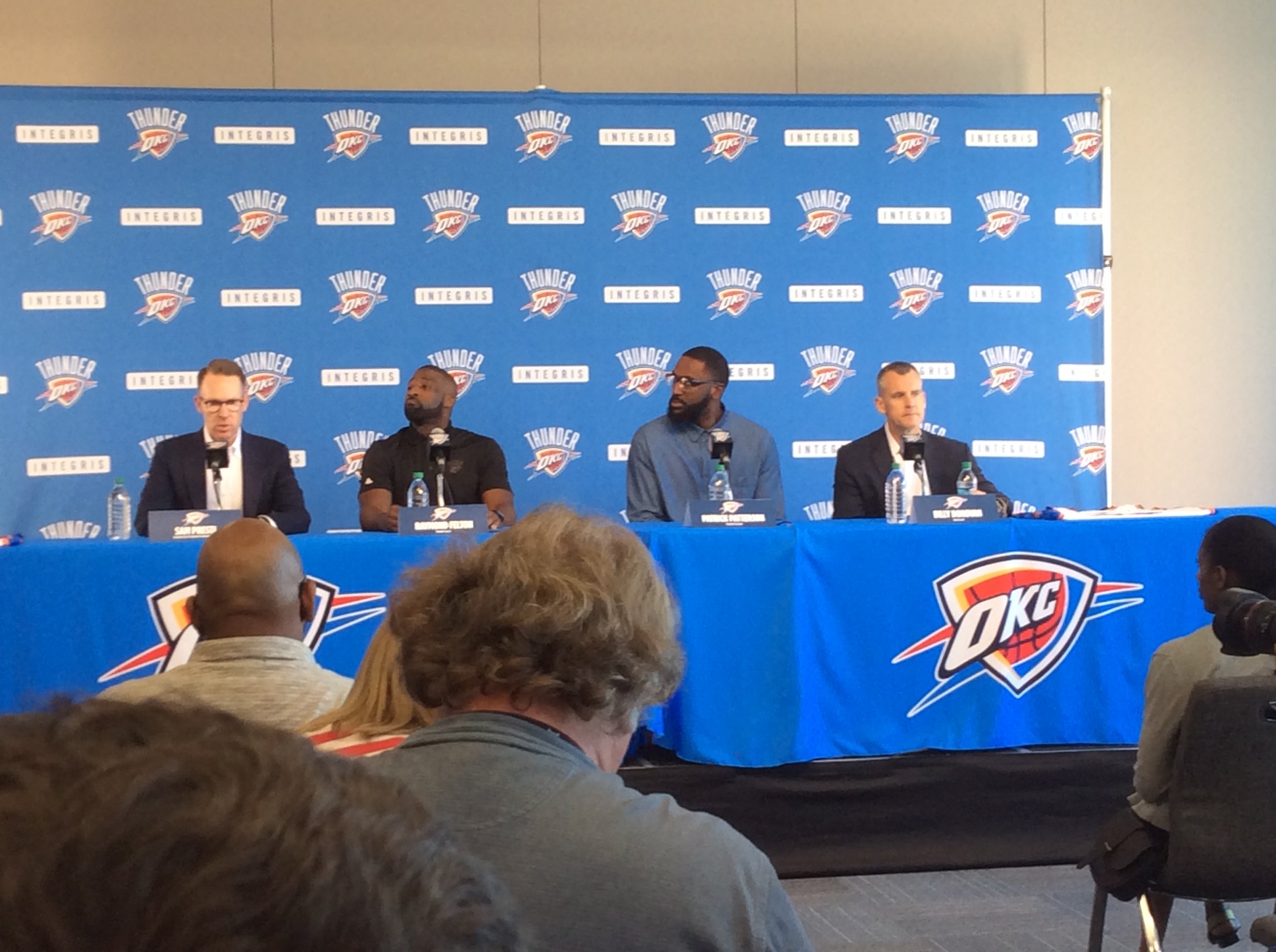 Thunder GM Sam Presti, guard Raymond Felton, forward Patrick Patterson and head coach Billy Donovan speak with reporters Wednesday at Oklahoma City's Aloft Hotel. (Photo By Randy Renner/InsideThunder.com)