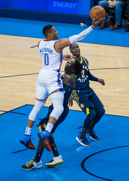 Russell Westbrook finger rolls the ball into the net to score two of his 28 points Wednesday night against Inidana. (Photo By: Torrey Purvey/InsideThunder.com)