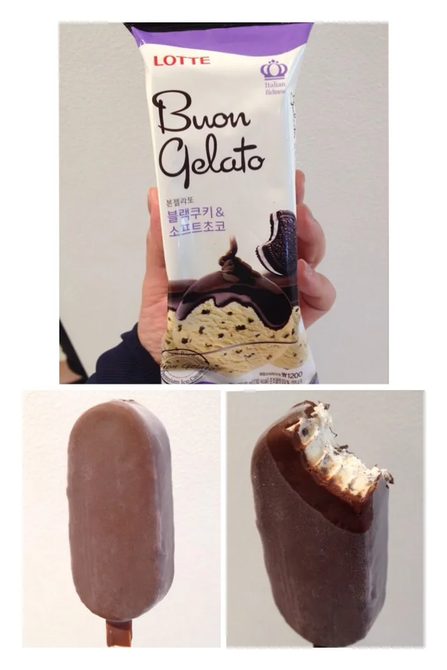 Buon Gelato 블랙쿠키 & 소프트초코 (Buon Gelato Black Cookie & Soft Choco) = Buon Gelato Black Cookie & Soft Chocolate A bar of cookies and cream ice-cream coated in a thick chocolate cover. I like how the ice-creams in Korea are less sweet. So this isn't as rich as a regular cookies and cream may be elsewhere. 
