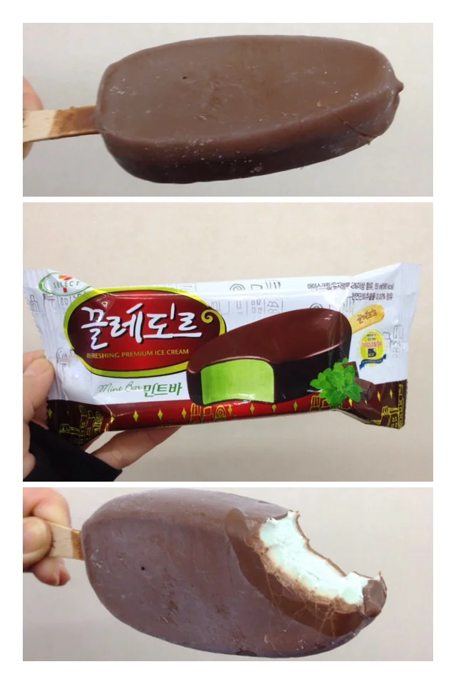 끌레도르 민트바 (Claire D'or Mint Ba) = Claire D'ore Mint Bar Cool mint ice-cream dipped in a thick layer of milk chocolate. Each bite tastes like a mint chocolate chip ice-cream, so how can you go wrong with that!?