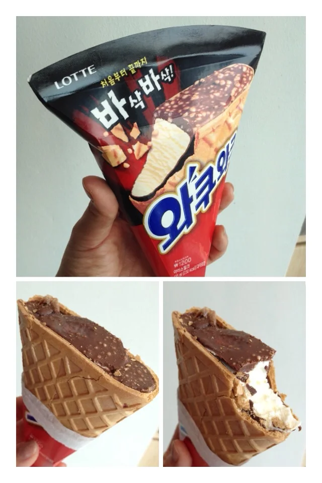 와쿠와쿠 (Wakku Wakku) = A Crunchy Vanilla Cone From the first bite to the last, vanilla ice-cream in a very crunchy waffle cone shaped in a flatter way so it's easer to eat. Top has a thick layer of chocolate with bits of crunchy waffle cone in it as well. 