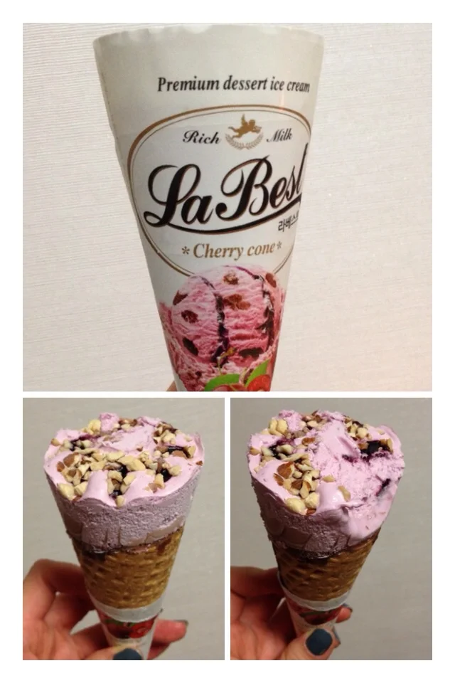 La Best Cherry Cone Delicious cherry ice-cream with bits of cherry all throughout. Top layer of almonds is the best, but overall this cherry flavoured ice-cream was amazing! Complete with the milk-chocolate plug at the bottom of the sugar cone to stop the melting ice-cream from dripping!