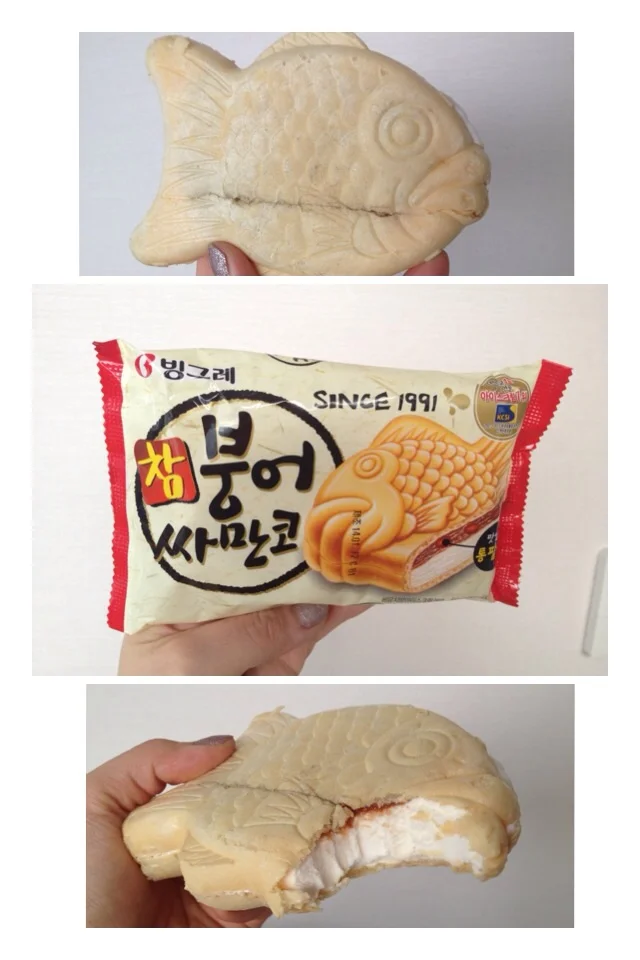 참 붕어 싸만코 (Cham BoongUh SsaManKo) = Vanilla Ice-cream Shaped as a Fish "BoongUh" is a famous fish shaped red-bean pasted filled bread that's sold as snacks in the winter time. This ice-cream is an ice-cream version having vanilla ice-cream, layer of red bean paste inside of a fish shaped cone. 
