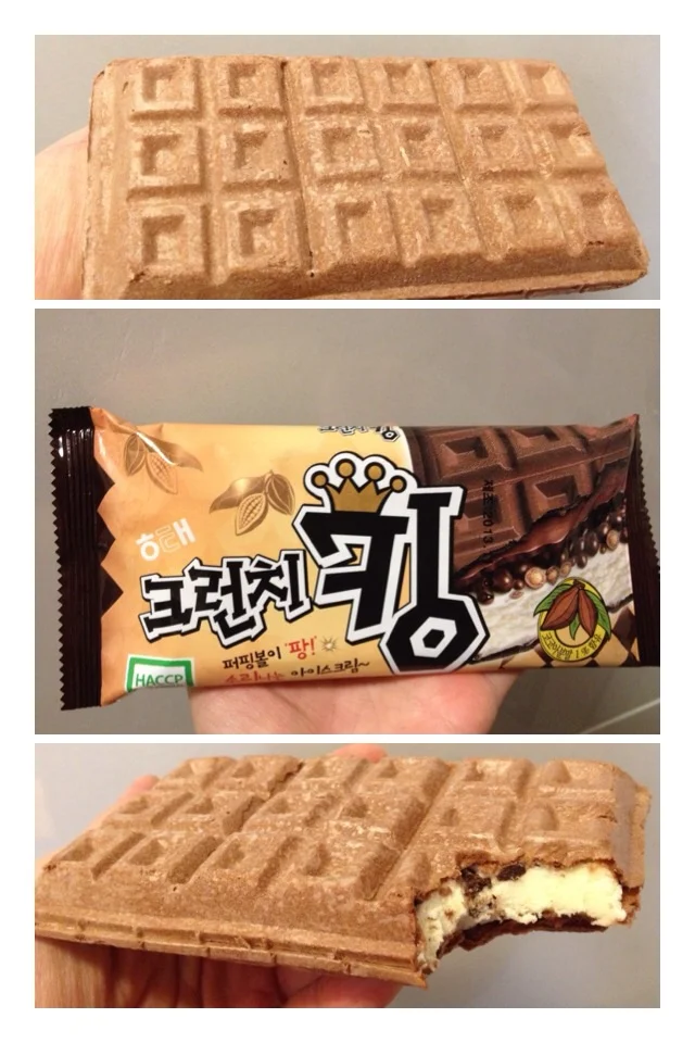 크런치킹 (Crunchy King) = Ice-cream inside a Waffle Vanilla ice-cream but with a layer of crunchy "popping chocolate balls" on top under the waffle casing. The waffle looks like it would be chocolate flavoured, but really, there is not a strong flavour from the waffle. 