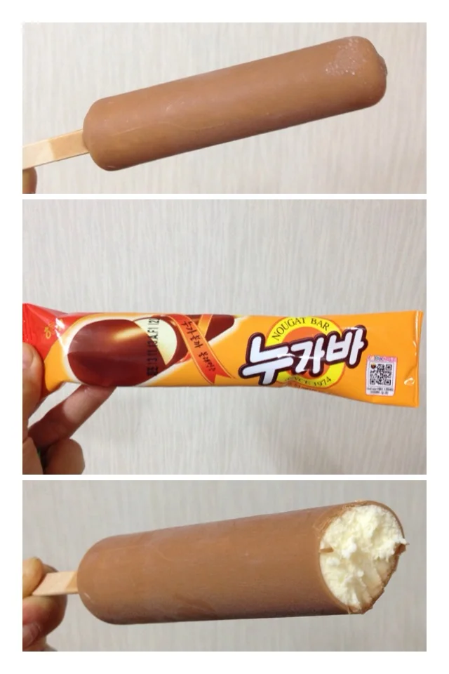 누가바 (Noo Ga Ba) = Nougat Bar Lightly nougat flavoured ice-cream in a lightly coated chocolate covering. Lighter than other ice-creams and coatings. 