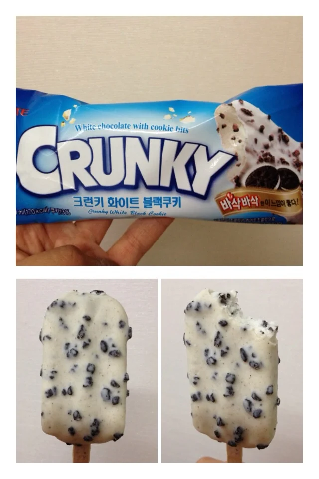 크런키 화이트 블랙쿠키 (Crunky White Black Cookie) = White chocolate cookies and cream ice-cream Crunchy bits of oreo type of cookie in a white chocolate coating. 