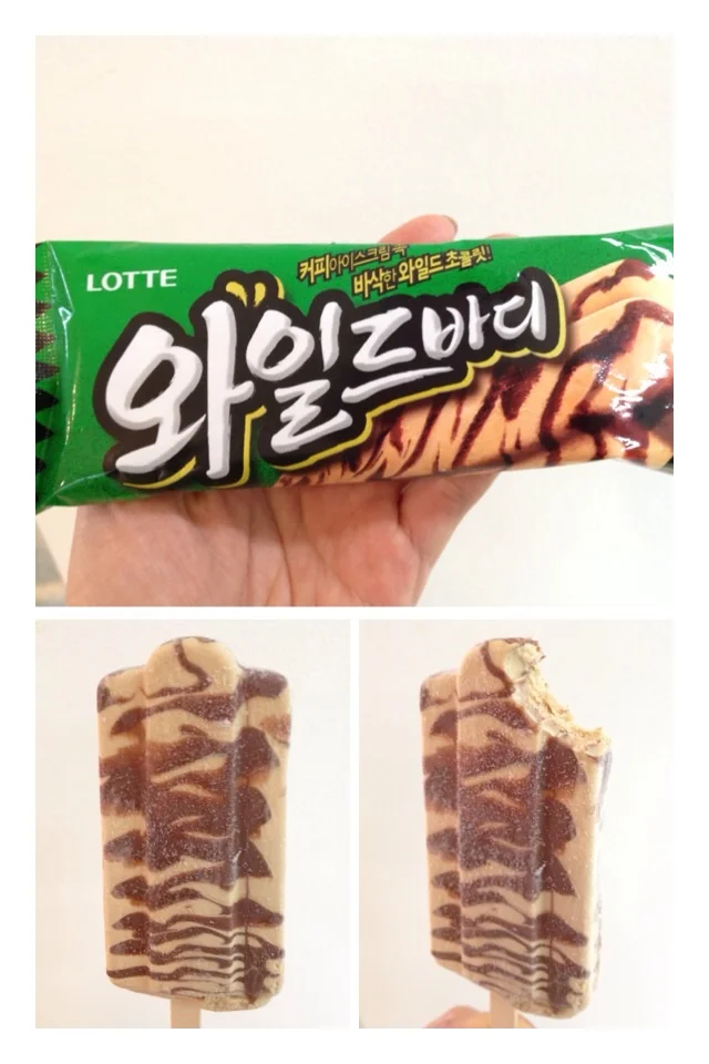 와일드마디 모카 (Wild Body Mocha) = WIld Body Mocha Mocha ice-cream with thin flaky chocolate wrapped in and around the bar. Yummy and flaky texture in a light cream mocha ice-cream! Same as the above vanilla version!