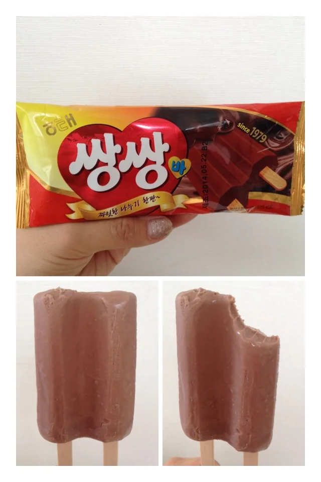 쌍쌍 (Ssnag Ssang) = Twins Twins Literally, a twin pop fudgesicle! Delicious! Creamy, cool and milk chocolatey!