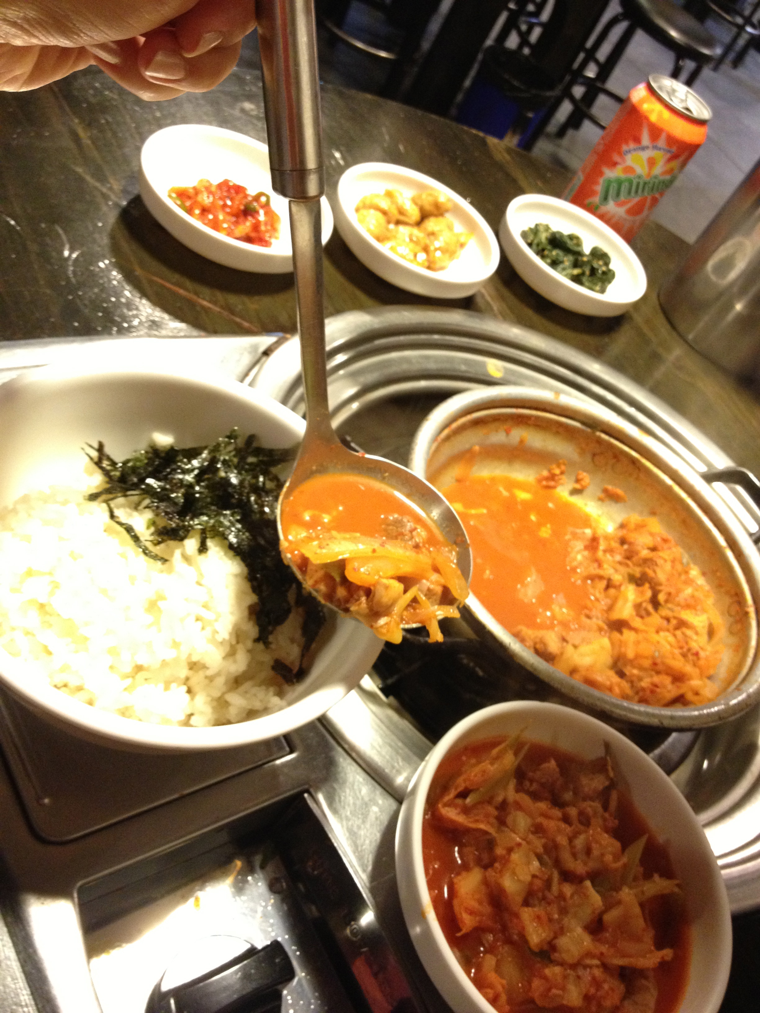 One of the dishes this place is known for: 7 minute kimchi jiggae (7 분돼지김치 찌개). A thick stew with chopped up kimchi and pork chuncks that is served boiling hot in just 7 minutes!