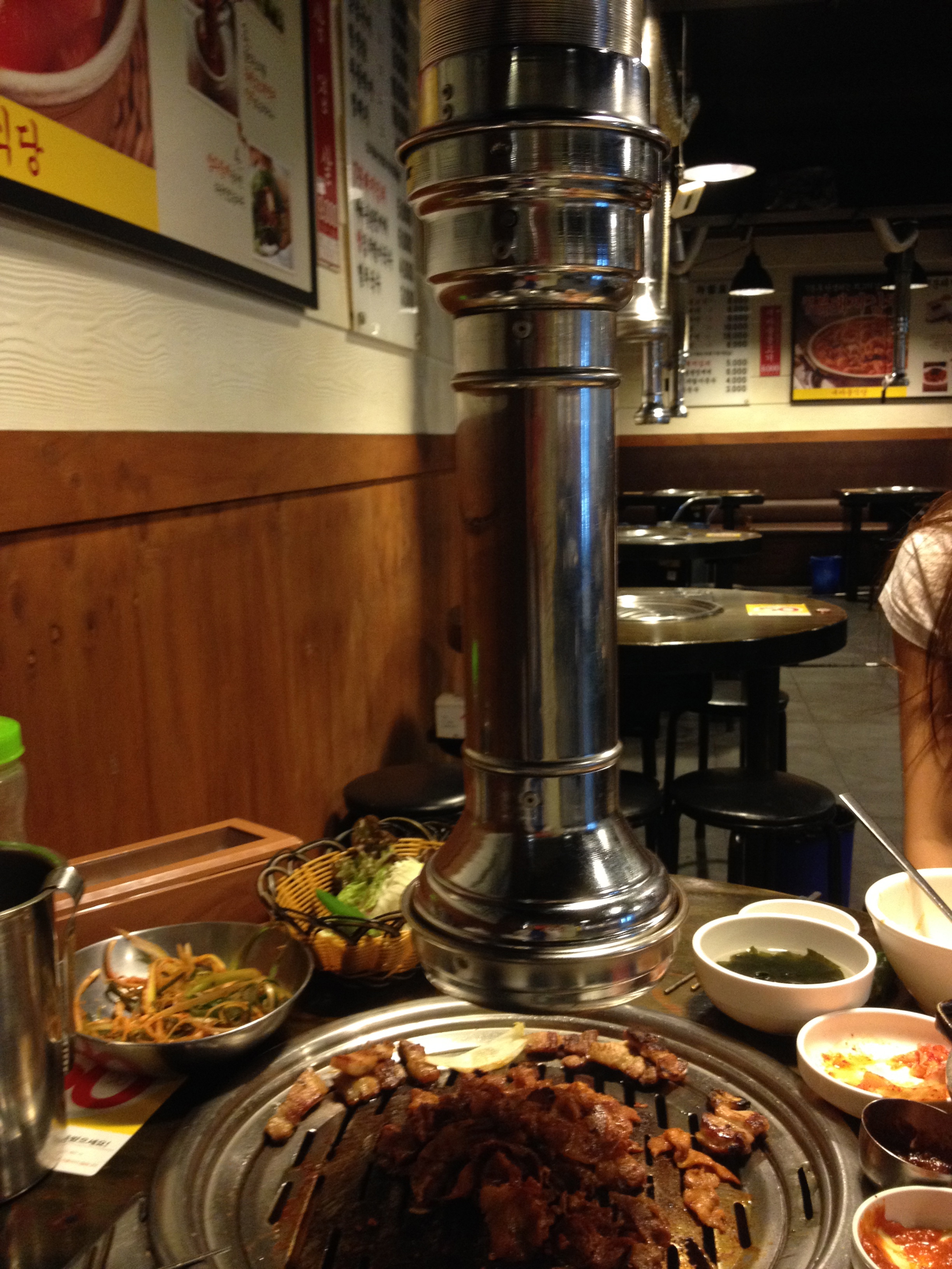 Love the smoke sucking vacuums Korean restaurants have to keep the place better ventilated. You can also get giant plastic bags here to put your belongings (jacket, purse, bags etc) in so they won't smell as much after you leave the restaurant! 