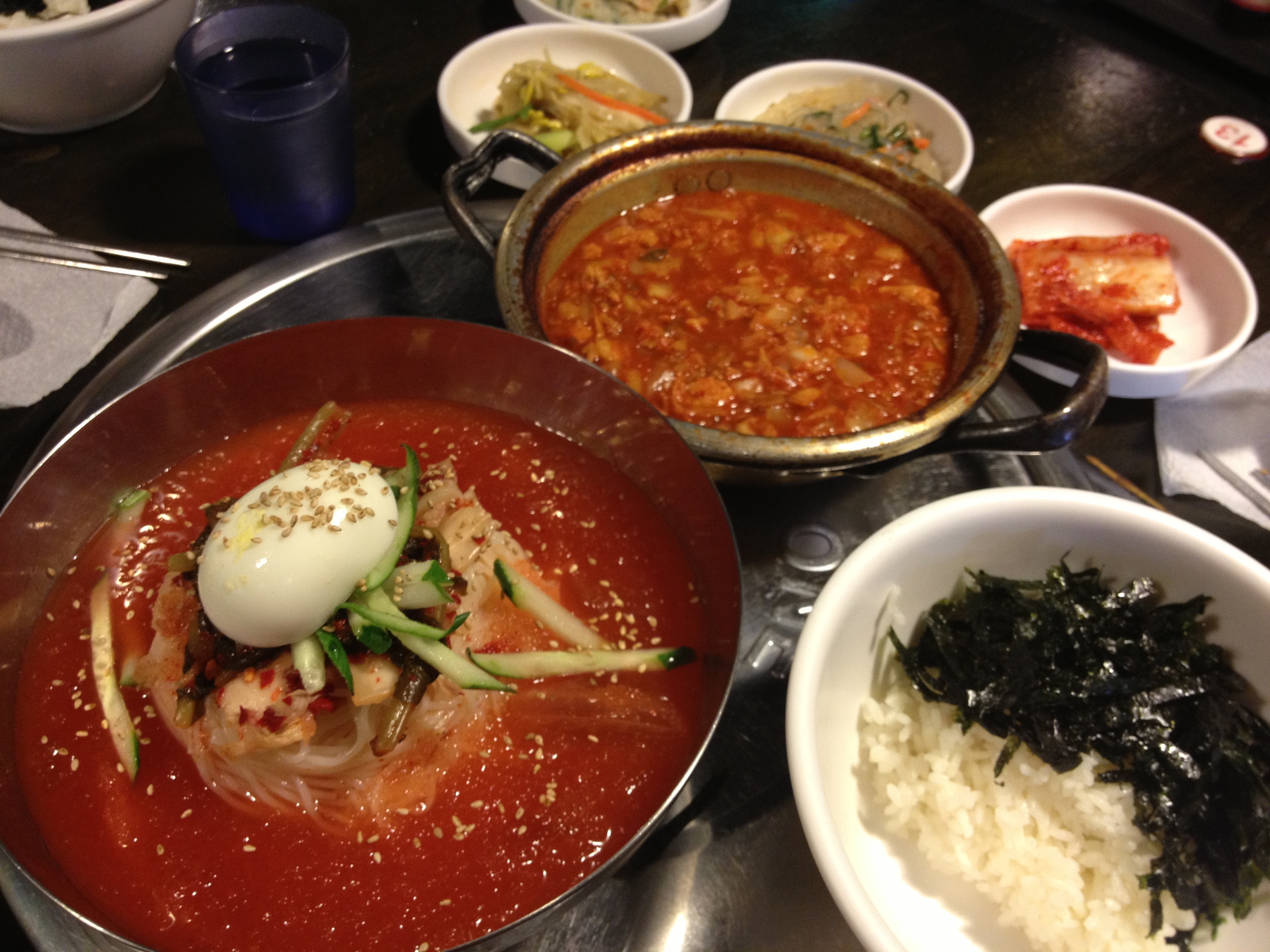 Breakfast of champions: Had the hot kimchi jiggae and the cold kimchi noodles ( 김치말이국수) to have a nice "balanced" meal of hot and cold dishes for breakfast one morning! Love that this place is 24 hours!