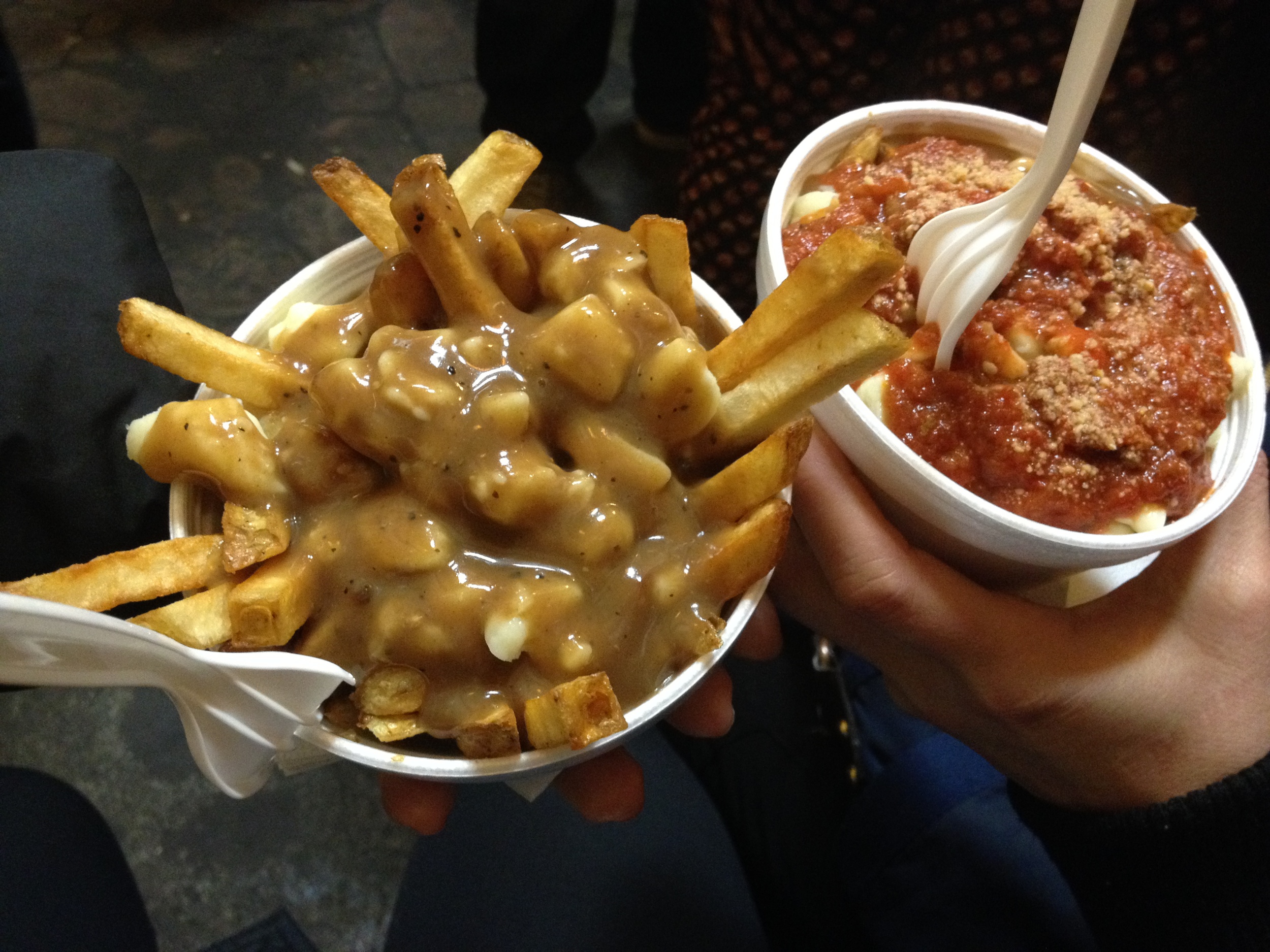 Poutine @Fritz European Fry House, Davie Street, Downtown At different poutine places with a more extensive menu, you can get a variety of different toppings on your poutine as well. Montreal smoked meats is a common addition. The one pictured above is an original and a one with chilli one top.