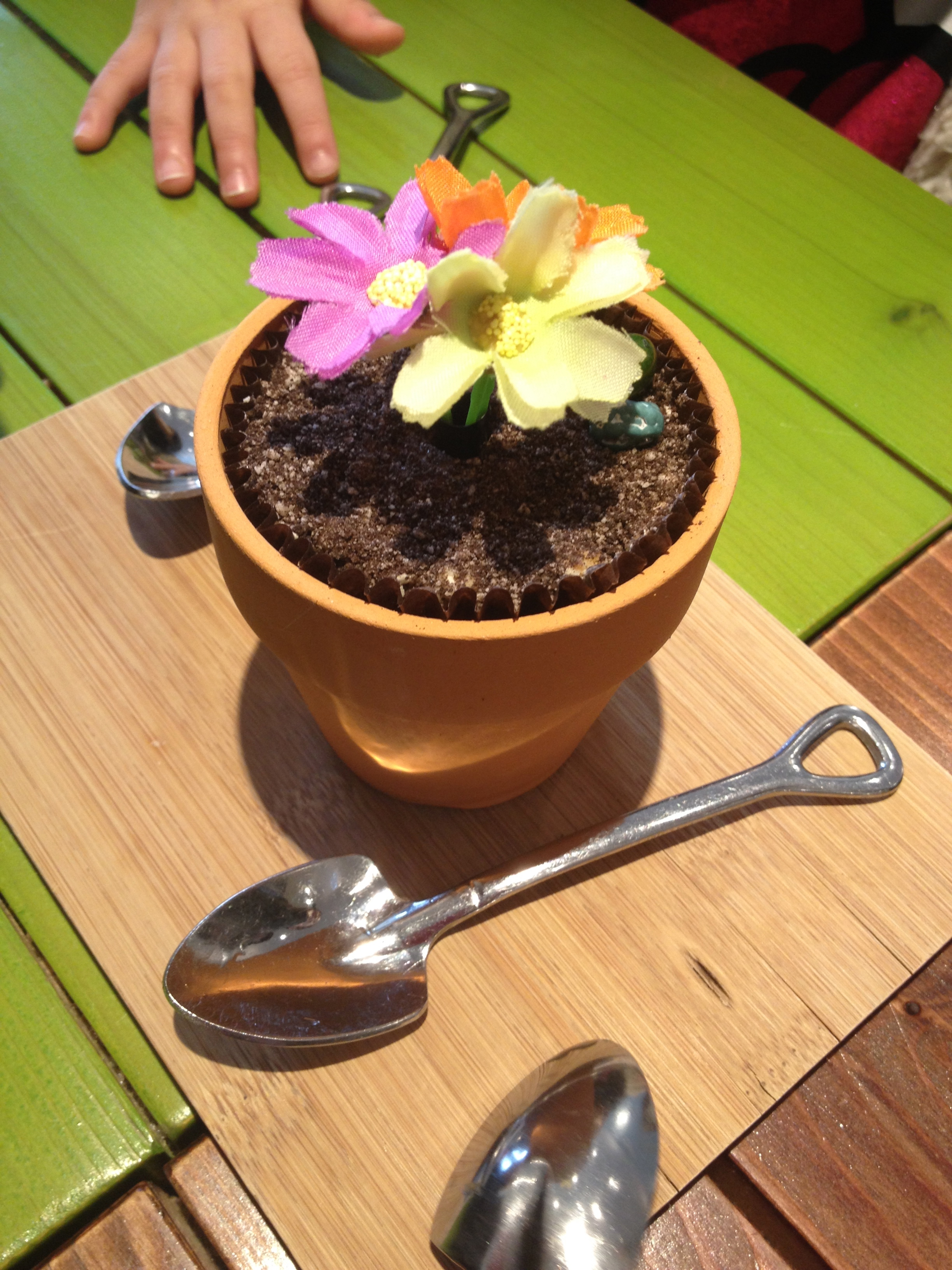 The only things not edible are the little flowers, straw the use as a stem for the flowers, the pot, the paper and the shovel. Ok - the edible items are: the Oreo cookie dirt, the chocolate pebble rocks, and then the pudding/cake underneath the dirt! Super cute presentation and the pudding itself is delicious too! Not overly sweet, and the combination with the cake soaks up the pudding nicely. 