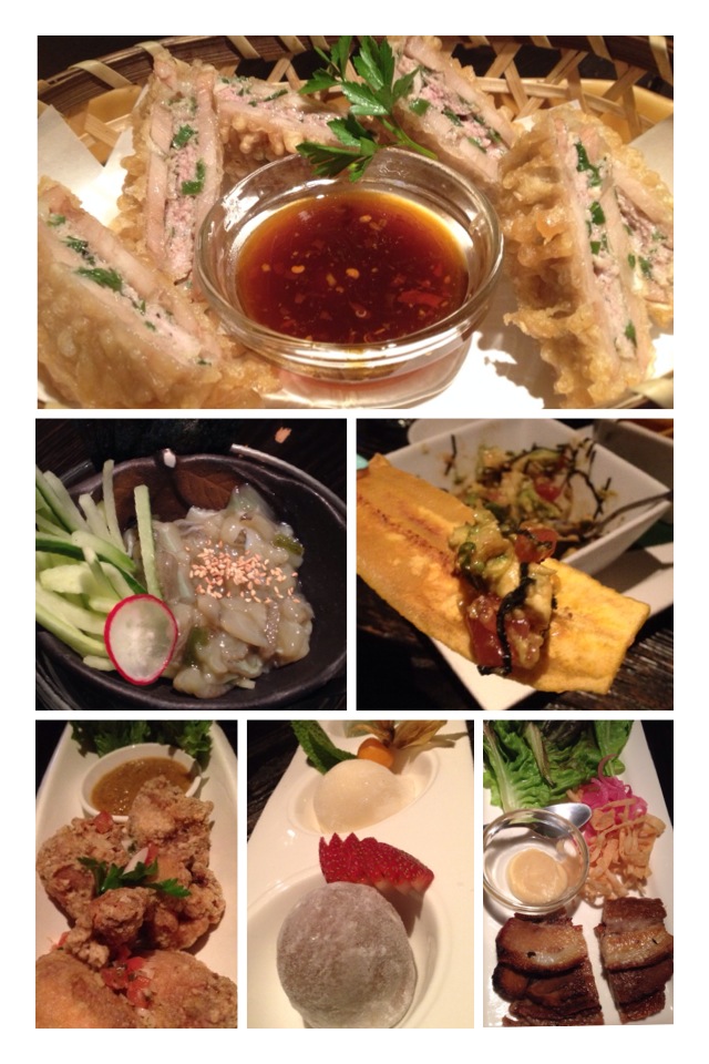 Top left-right: Turnip gyozas, takko (octopus) wasabi, tuna avocado with plantain chips, chicken wings, mochi ice-cream, pork belly lettuce wraps. See their full MENU HERE.