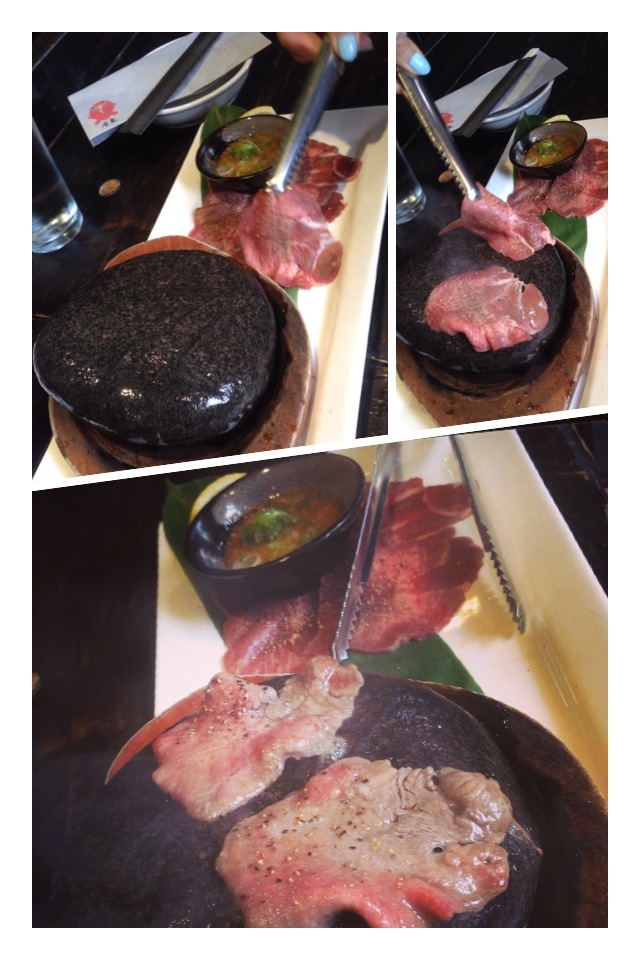 "STONE-GRILLED BEEF TONGUE SERVED WITH YUZU RED PEPPER PASTE AND GREEN ONIONS." Their stone-grilled kobe beef is also very popular and fun to grill on a hot stone at your own table. See their full MENU HERE.