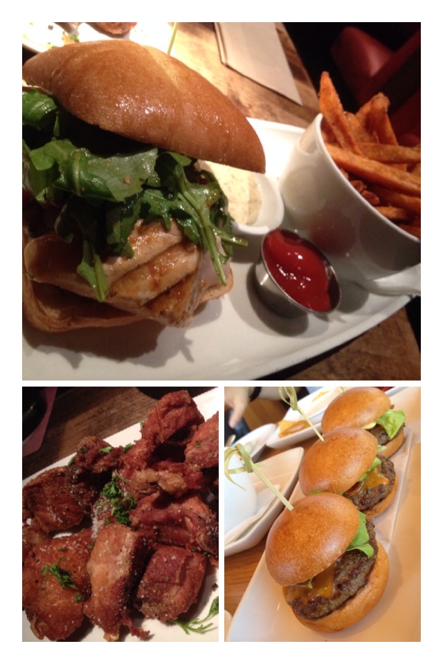 Top left to right: "Grilled tuna club -ocean wiseTM rare-seared albacore, tarragon tartar, bacon, cilantro, pickled ginger, ciabatta, sea salted fries." - substituted the fries for yam fries. Hands down one of my favourite non-burgers ever! Joey's Tomato also does this well called a Ahi Tuna Club. My fav! Slightly seared tuna steak with perfect seasonings and sides in a burger! "Crispy Dry Ribs – tossed with sea salt and cracked pepper." Would go great with beer! "Mini burgers – certified angus beef®, cheddar, alder smoked bacon, red pepper relish." The only thing that I wouldn't order again - the bun and meat were dry and there wasn't much flavour.