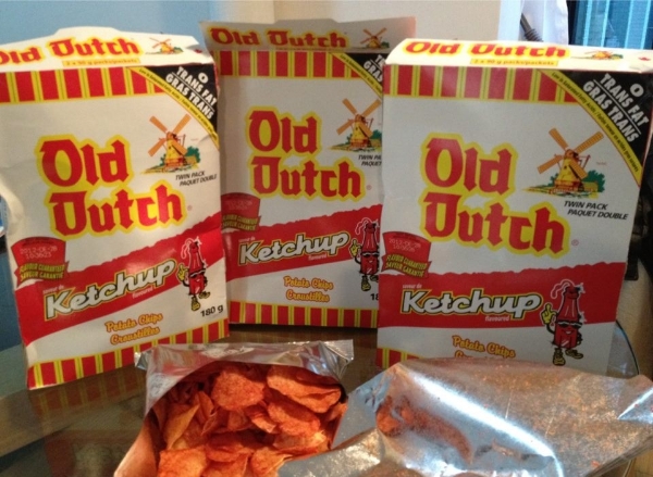 The original boxes of Old Dutch brand chips. Inside each box are two smaller foil bags for your chip eating convenience! Ketchup is my go-to flavour, but I also like to mix a bag of this and a sour cream and onion together to get a nice tangy and creamy combination! 