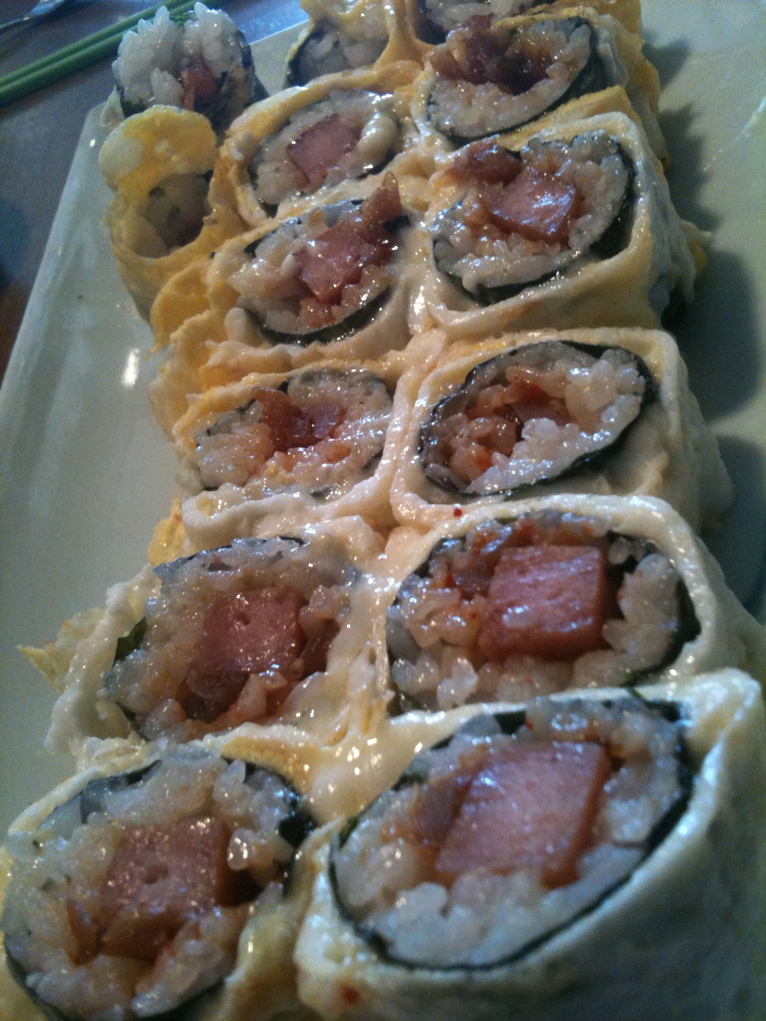 Spam rolled with an egg wrap.