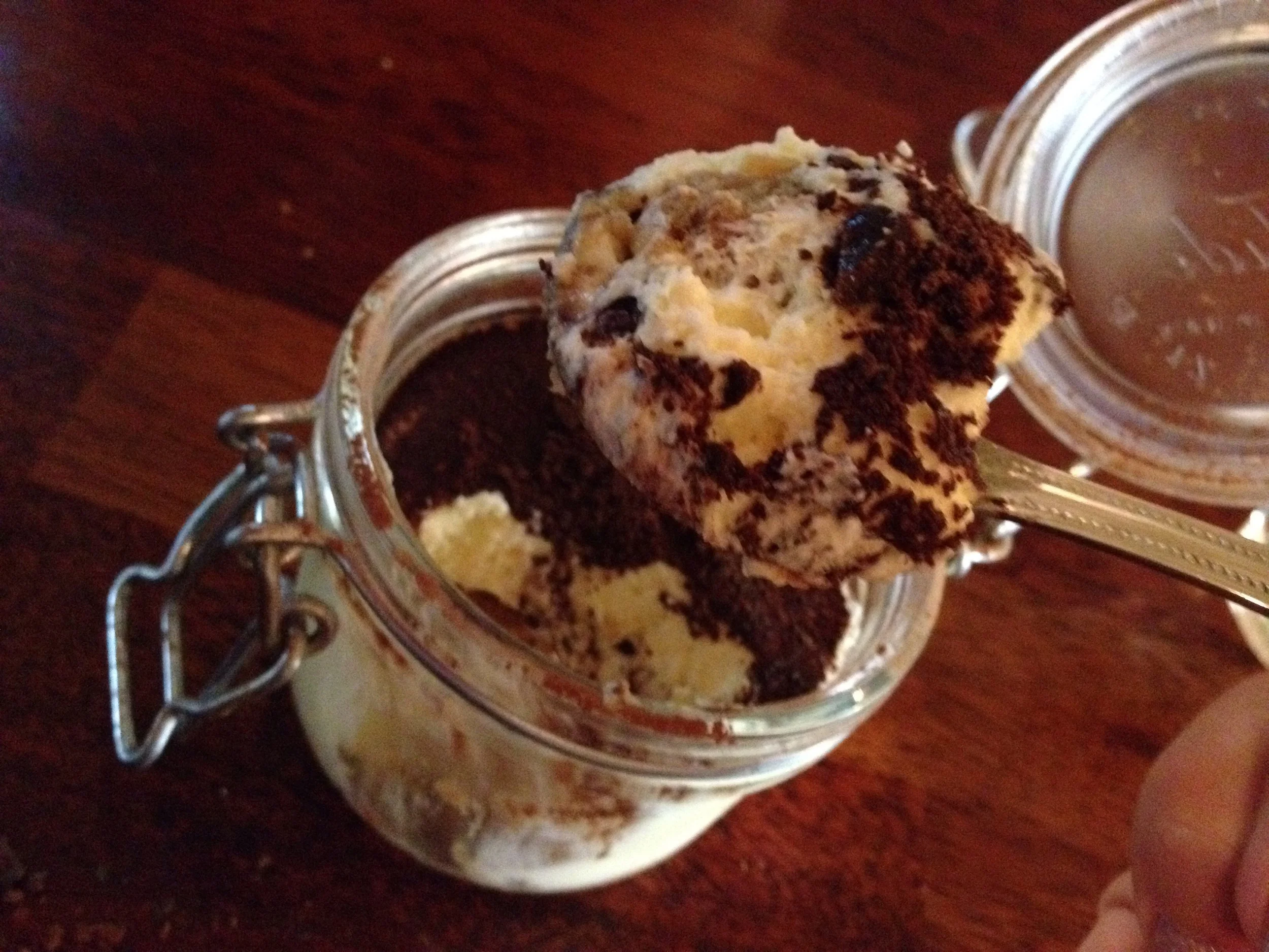 The lady fingers were well soaked in coffee and rum and there was a perfect ratio of mascarpone cheese, cream and vanilla with shaved bitter-sweet chocolate on top. The only down fall was the design of the jar - as you ate it, the lid out-weighed the bottom, so it kept tipping and falling over. I would change the design of the jar, but there are no complaints about the dessert itself!