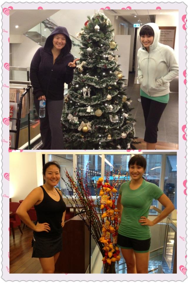 From Christmas trees to Chinese New Year fruit plants....we have finally completed our 60 days of Insanity Challenge! From start to finish - in Lululemon of course! We both think that if we had done the strict nutritional diet part too, it would've been much more effective - but overall we feel stronger and more toned~ Thanks for being the best workout partner Marsha! *^^*