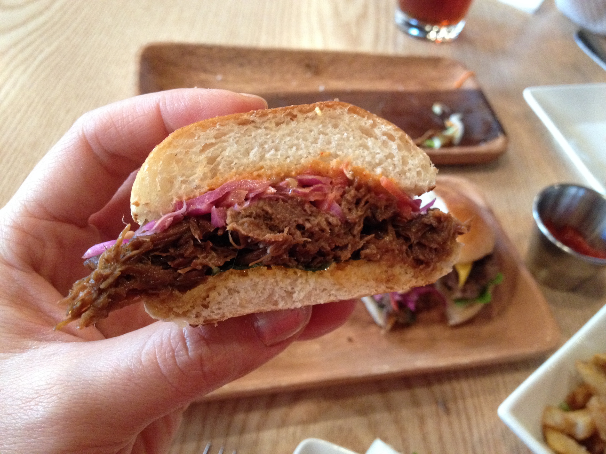 Pulled Pork: "pulled pork, roasted pepper, crispy pepper jack cheese, and BBQ sauce"