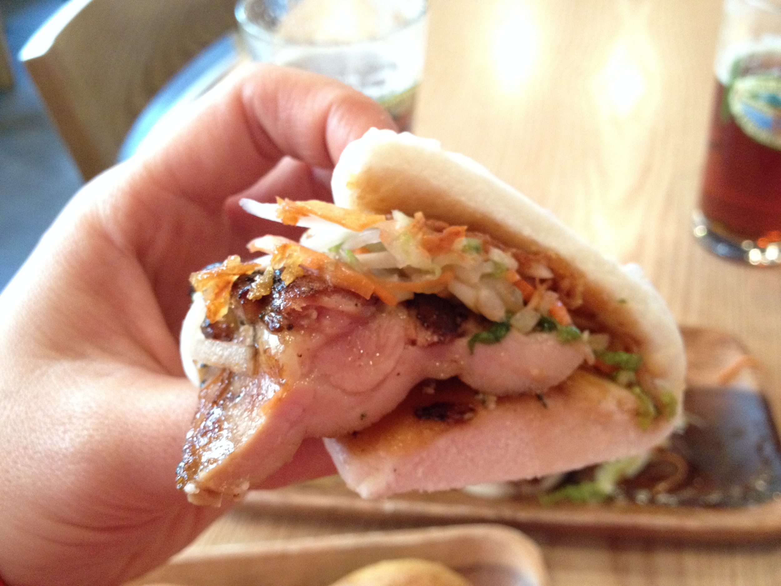 Chicken: "Grilled chicken, chicken chicharone, napa cabbage, daikon, carrot and sweet chili glaze"