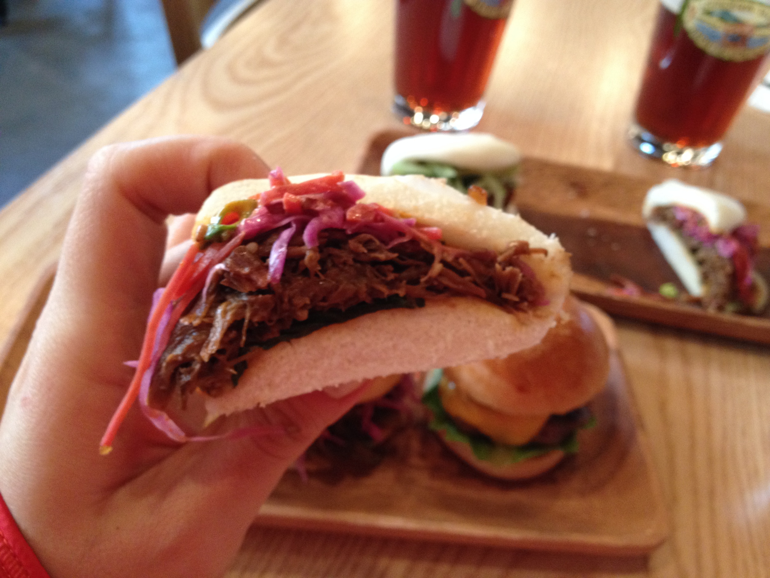 Kalbi Jjim: "Kalbi jjim, sesame leaf, pickled cabbage, carrot and pepper aioli"