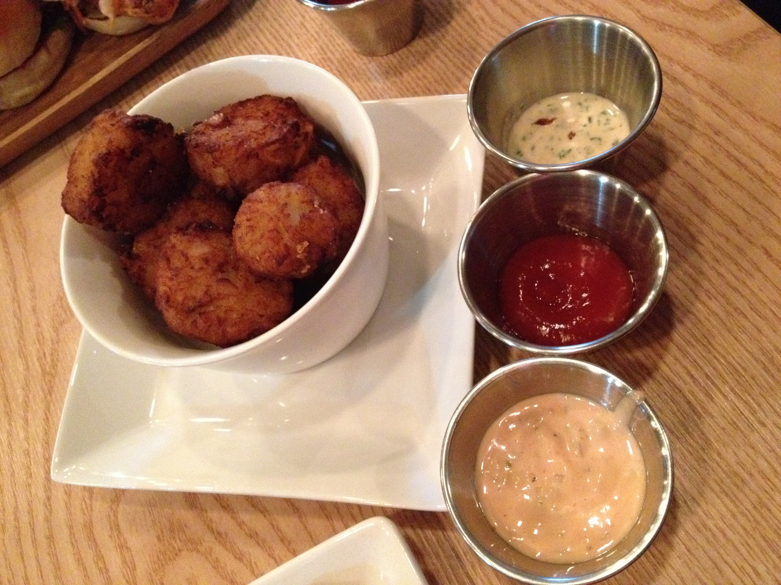 Handmade tater tots: Minced and hand rolled, handmade and fried to a crisp. Served with another kind of sauce too which was also amazing - but I can't remember what it was called! The LC sauces are amazing!