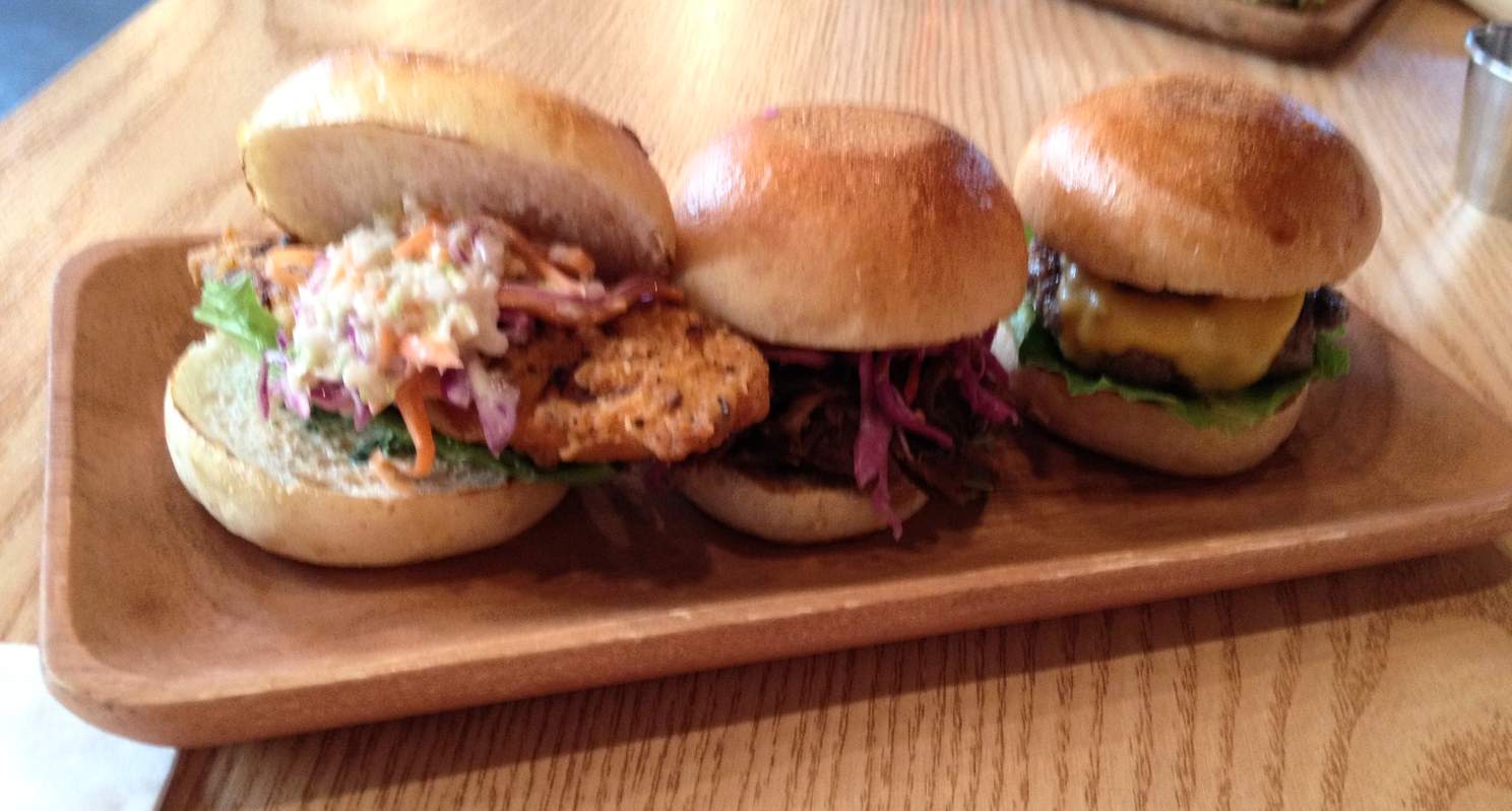 One of each MINI ME, aka: SLIDERS. I love sliders - you get to have a variety of tastes instead of just one burger! Three kinds of these as well: Fried Chicken, Pulled Pork and All American.