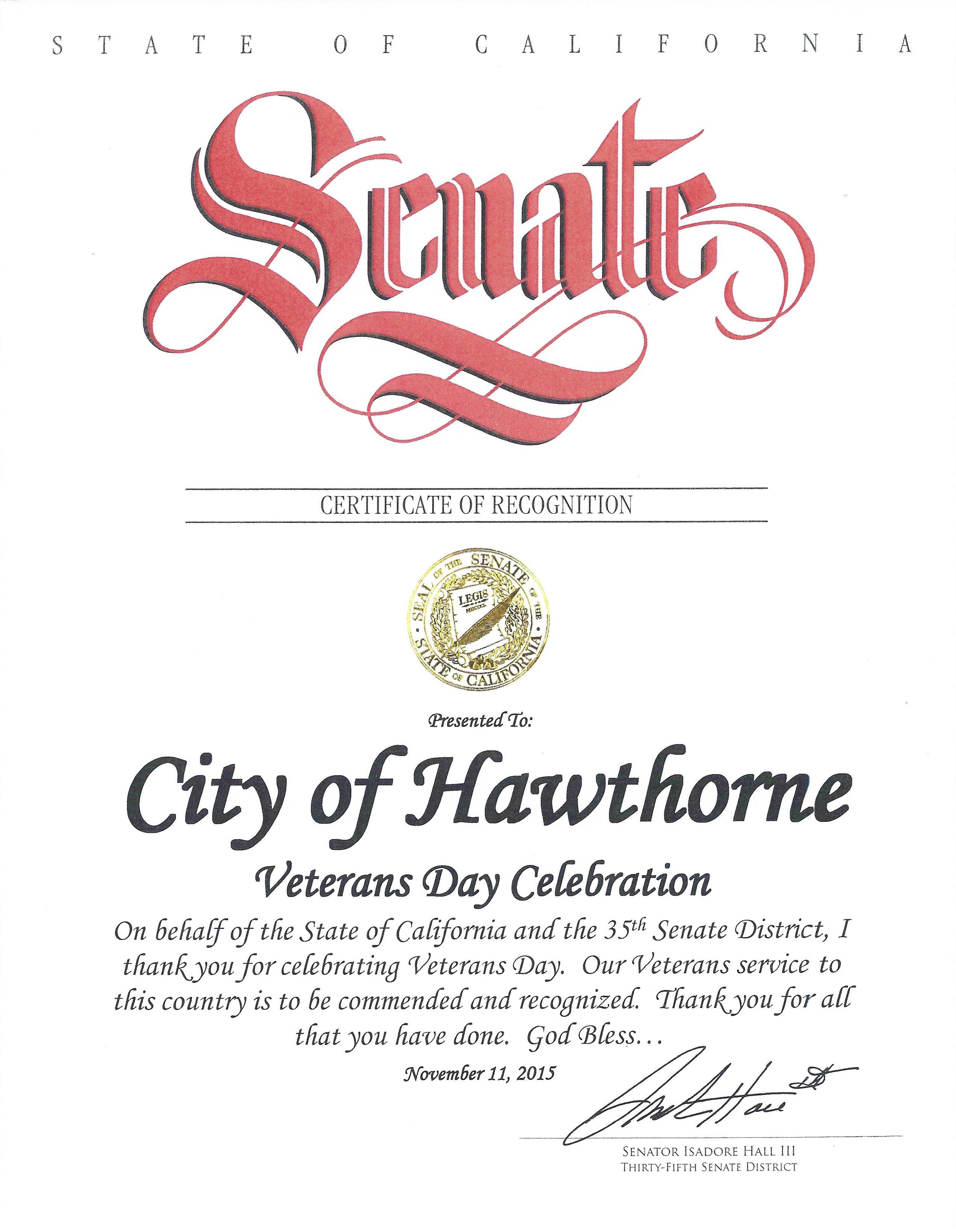 Certificate of Recognition Veteran's Day Celebration 2015